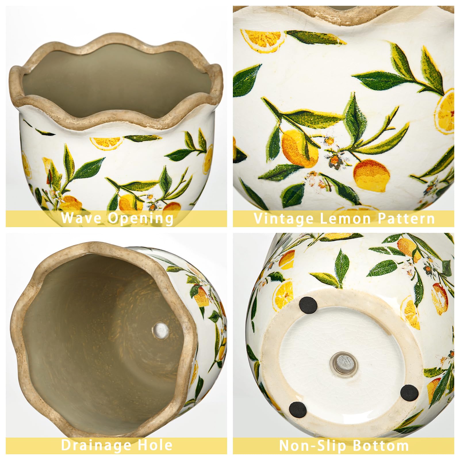 2er Set Keramik Blumentöpfe mit Vintage Zitronenmuster Wellenkanten-Design mit Drainageloch-Untersetzern für Zimmerpflanzen/Sukkulenten, Retro-Dekoration für Gartenbehälter-Sets im Freien, 17cm/14cm