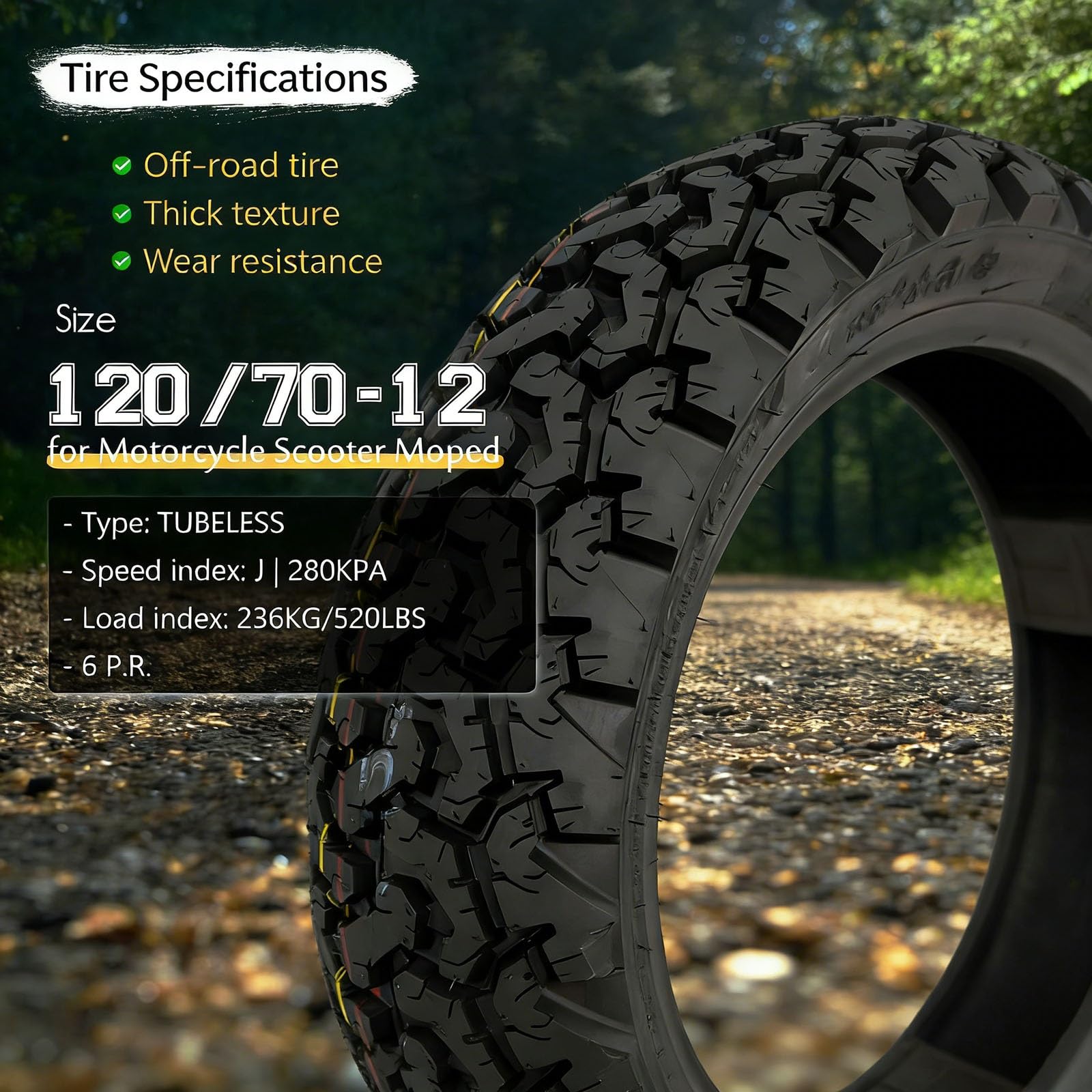 120/70-12 Opona Motocyklowa bez Wewnętrznej do Terenu i Drogi, 120/70/12 Odporna na Przebicia, Głęboki Wzór Bieżnika, Maksymalna Ładowność 236 kg, Ciśnienie 280 kPa, 6P.R., Przednia i Tylna