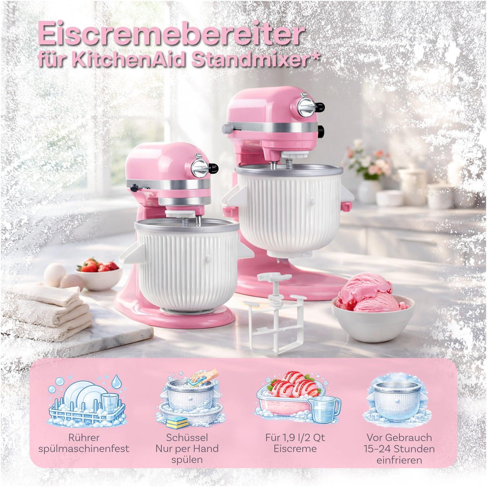 Eismaschinen-Aufsatz für KitchenAid StandMixer – Kompatibel mit KitchenAid 4,5QT, 5QT & 6QT Tilt-Head und Bowl-Lift Mixern – 1,9L Eisschale für Eiscreme, Sorbet, Gelato und Frozen Joghurt