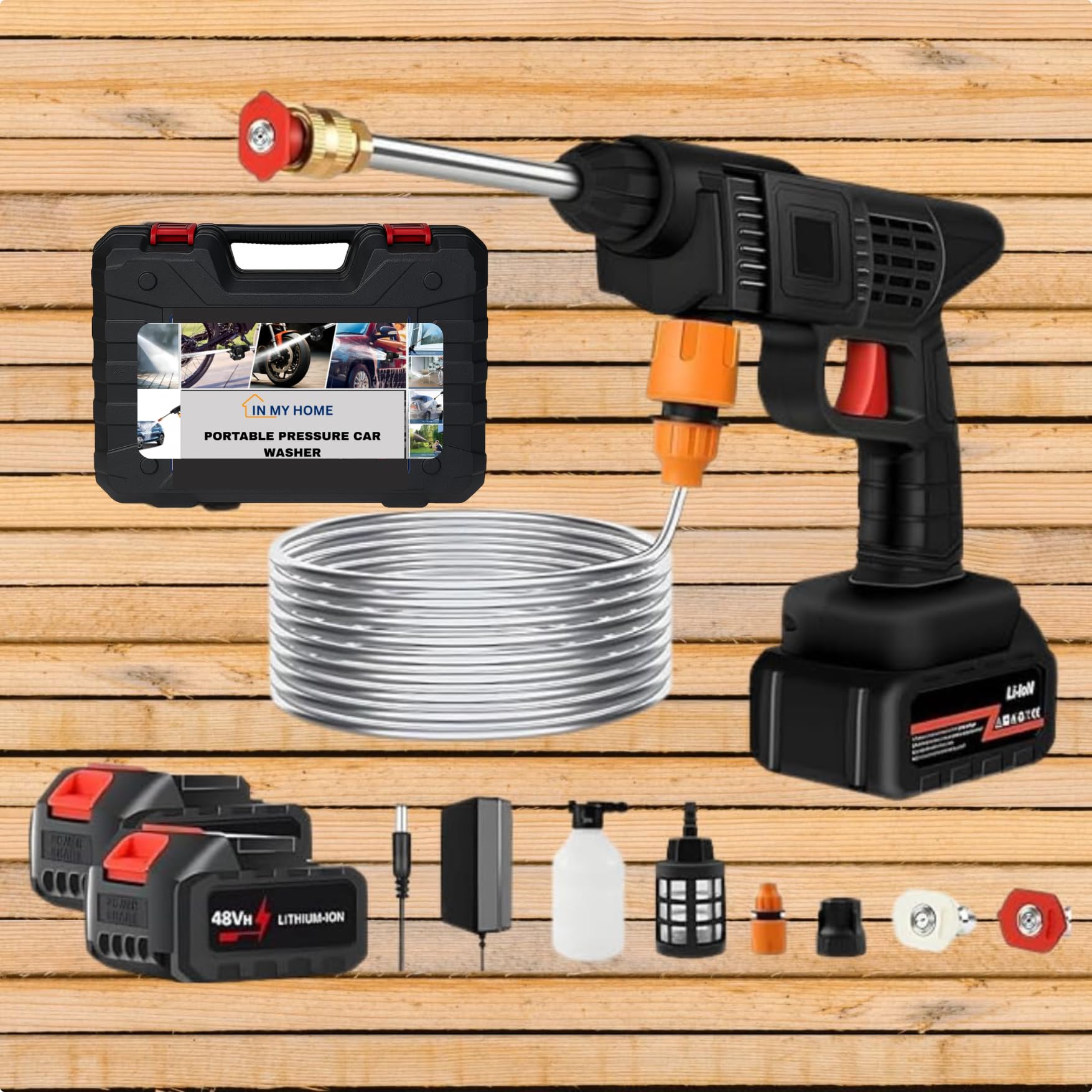 In My Home Portable Cordless Cleaning Pressure Gun for car and Bike wash, High Pressure Washer Gun,3 Spray Nozzle Dual 12000 mAh Super Power Battery for uninterupted use-picture-20