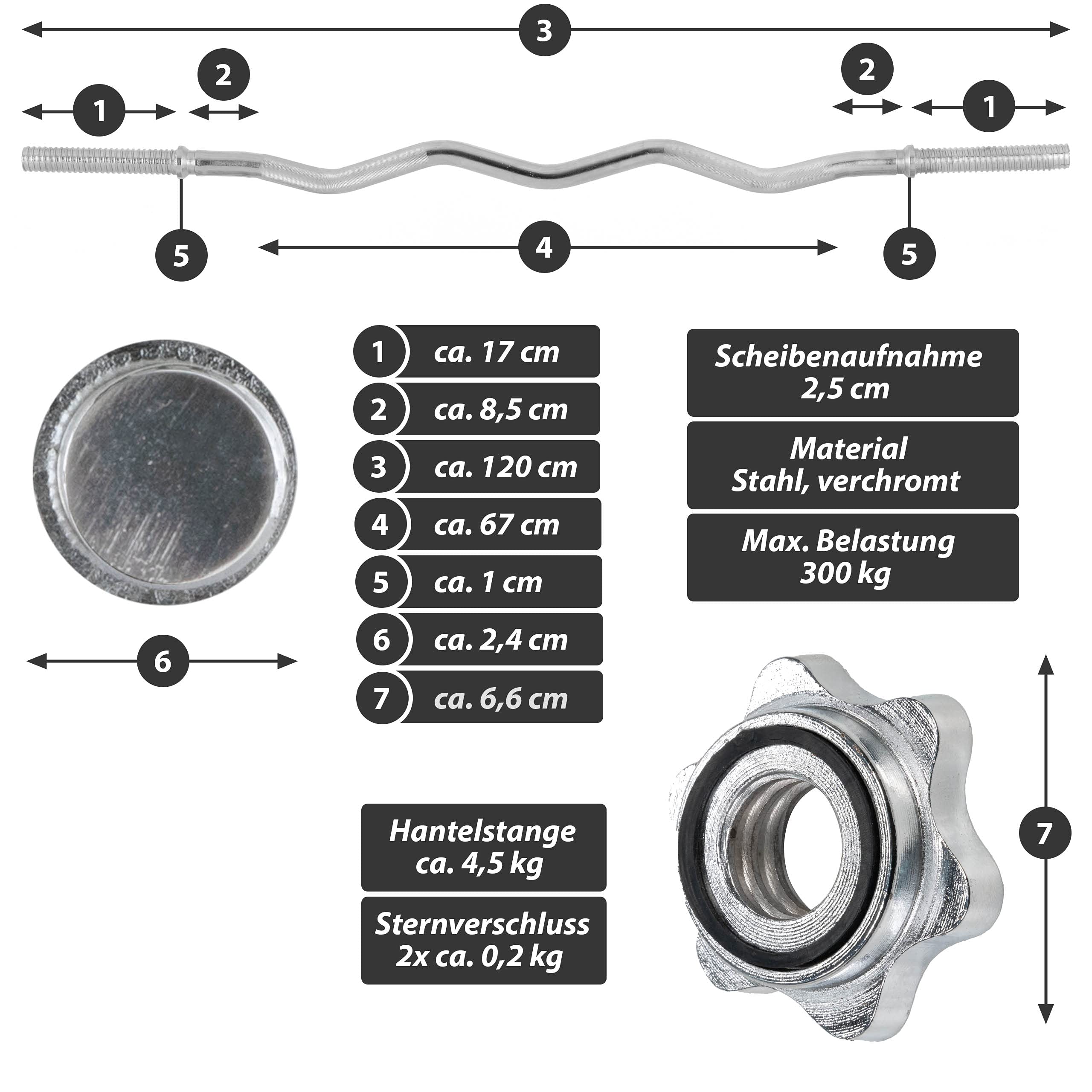 Curl-Set 120 cm 24 kg 8 Gewichte Krafttraining Zugstange silber verchromt Bodybuilding Fitness Schraubverschlüsse Gewichtheben Sternverschlüsse