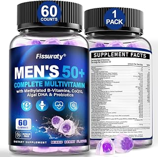 Multivitamin Gummies for Men 50+ - Sugar Free Methylated Multivitamin Gummy | with Methylated B-Vitamins, Omega-3 DHA, CoQ10 & Probiotics - Supports Memory, Energy, Immunity & Digestion - 60 Gummies