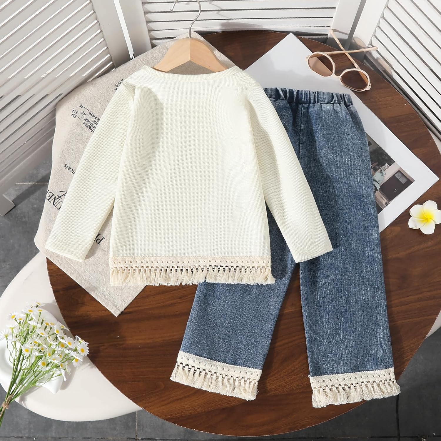 3-7 Years Toddler Girls Pants Set - Tassel Top & Washed Denim Pants Fall Winter Clothing Outfits Set for Girls - Image 9