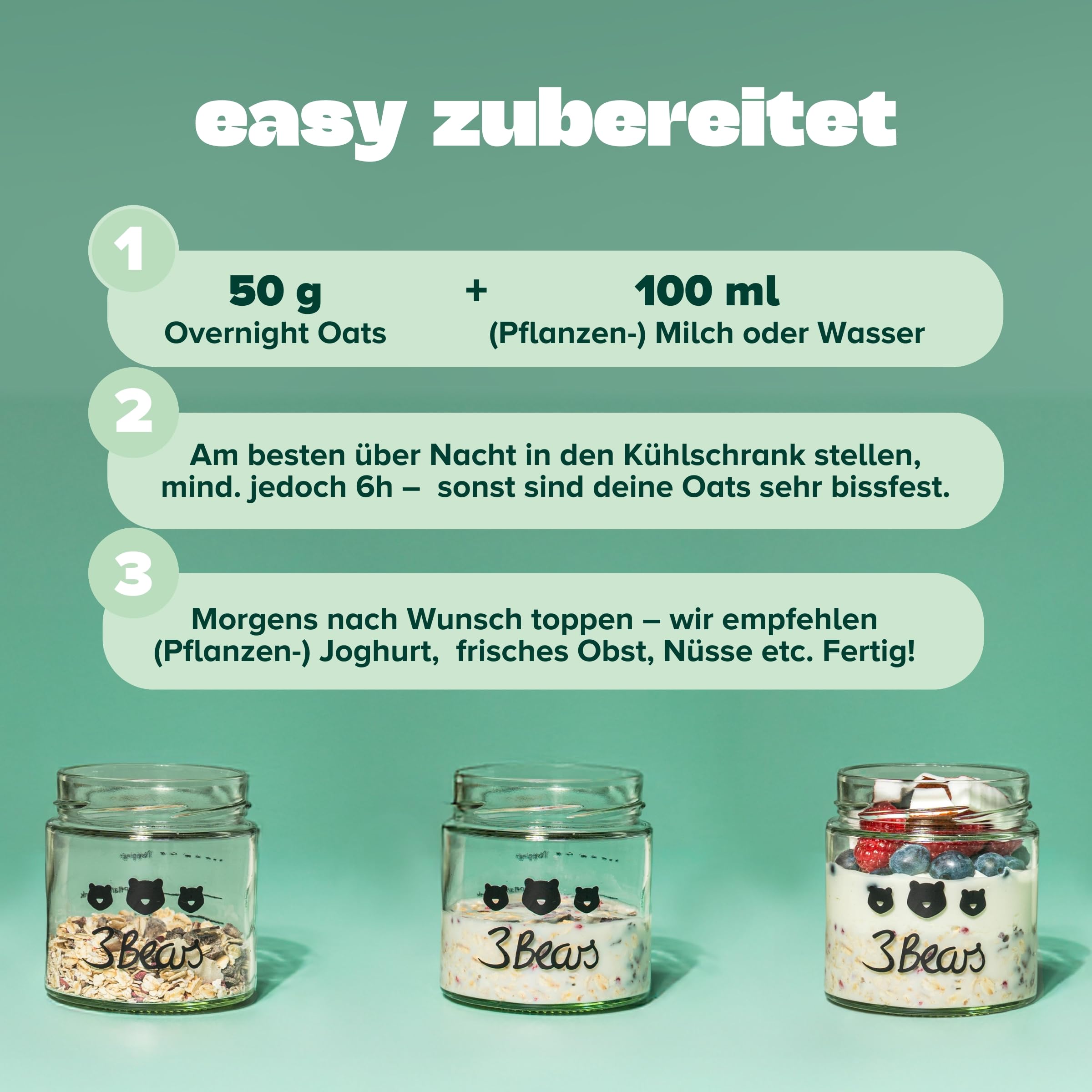 3Bears Overnight Oat Gläser-Set für echte Porridge Lover – Meal Prep Gläser mit Deckel für ein leckeres & schnelles Frühstück – mit praktischer Markierung für perfekte Overnight Oats - 3 Gläser