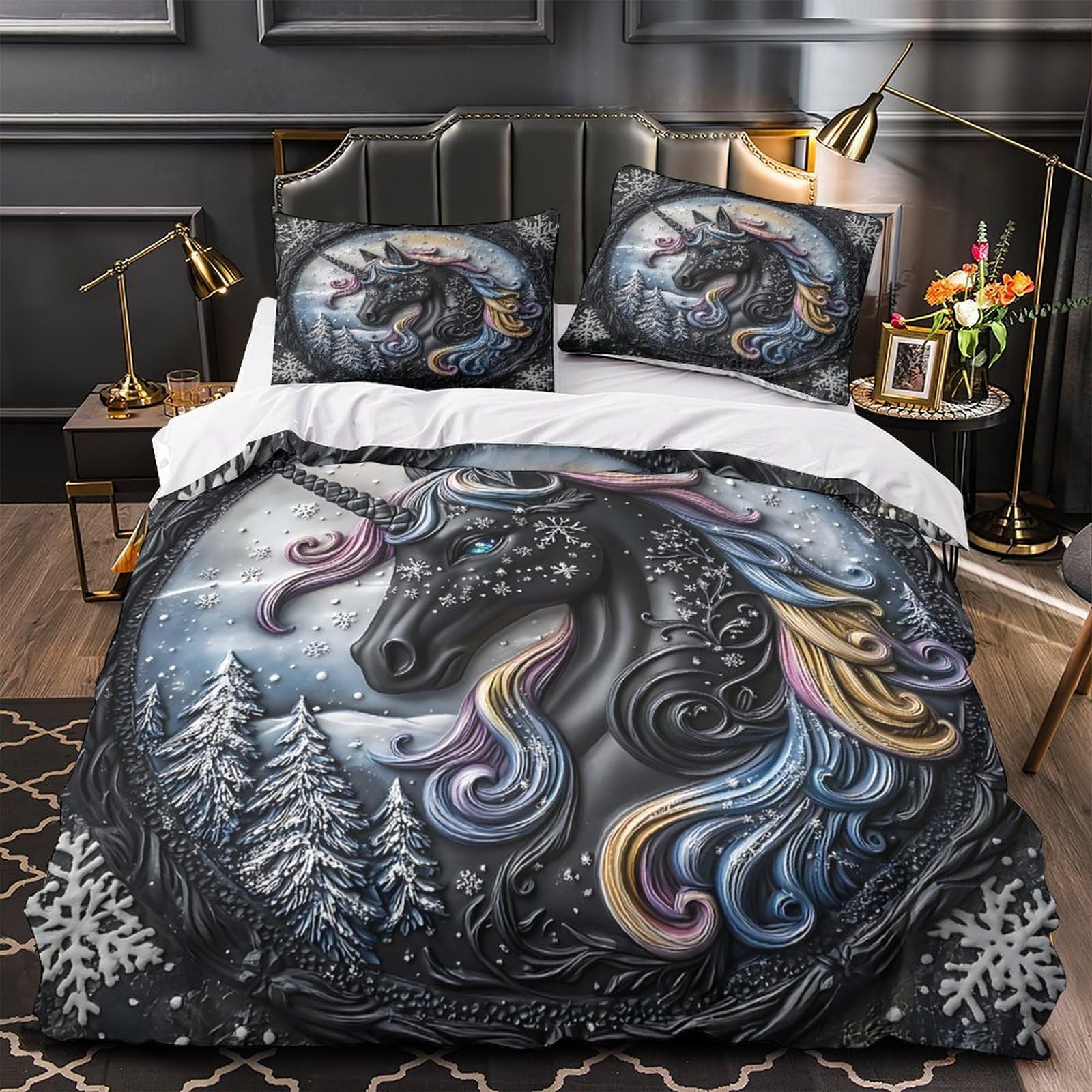 Housse de couette licorne 200x200 résistante et parure de lit fille en microfibre