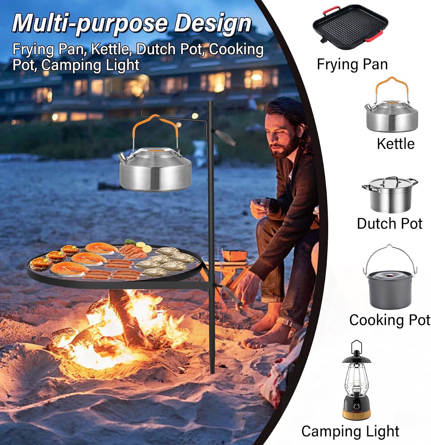 24" Fire Pit Grill w/304 Stainless Steel Grate, Portable Carry Bag | Swivel Grill Grate, 360° Rotatable, Height Adjustable, Easy Setup, Perfect for Hiking, Picnics & Family BBQs