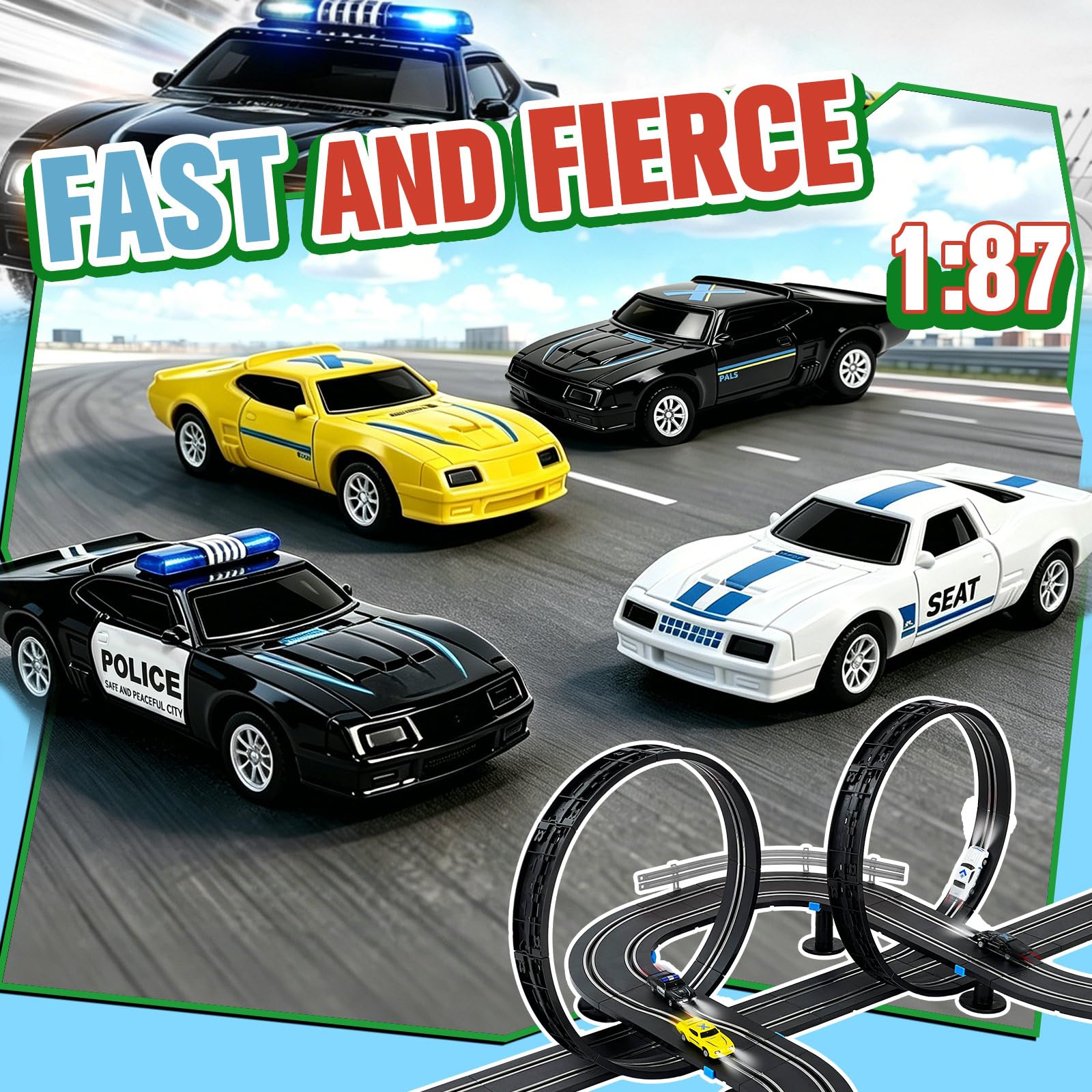 Autorennbahn, Kabellose Rennbahn Spielzeug mit 4 Slotcars, Doppelspur Rennstrecke & 2 Handreglern, Interaktives Familienspielzeug Geschenk für Kinder - 04