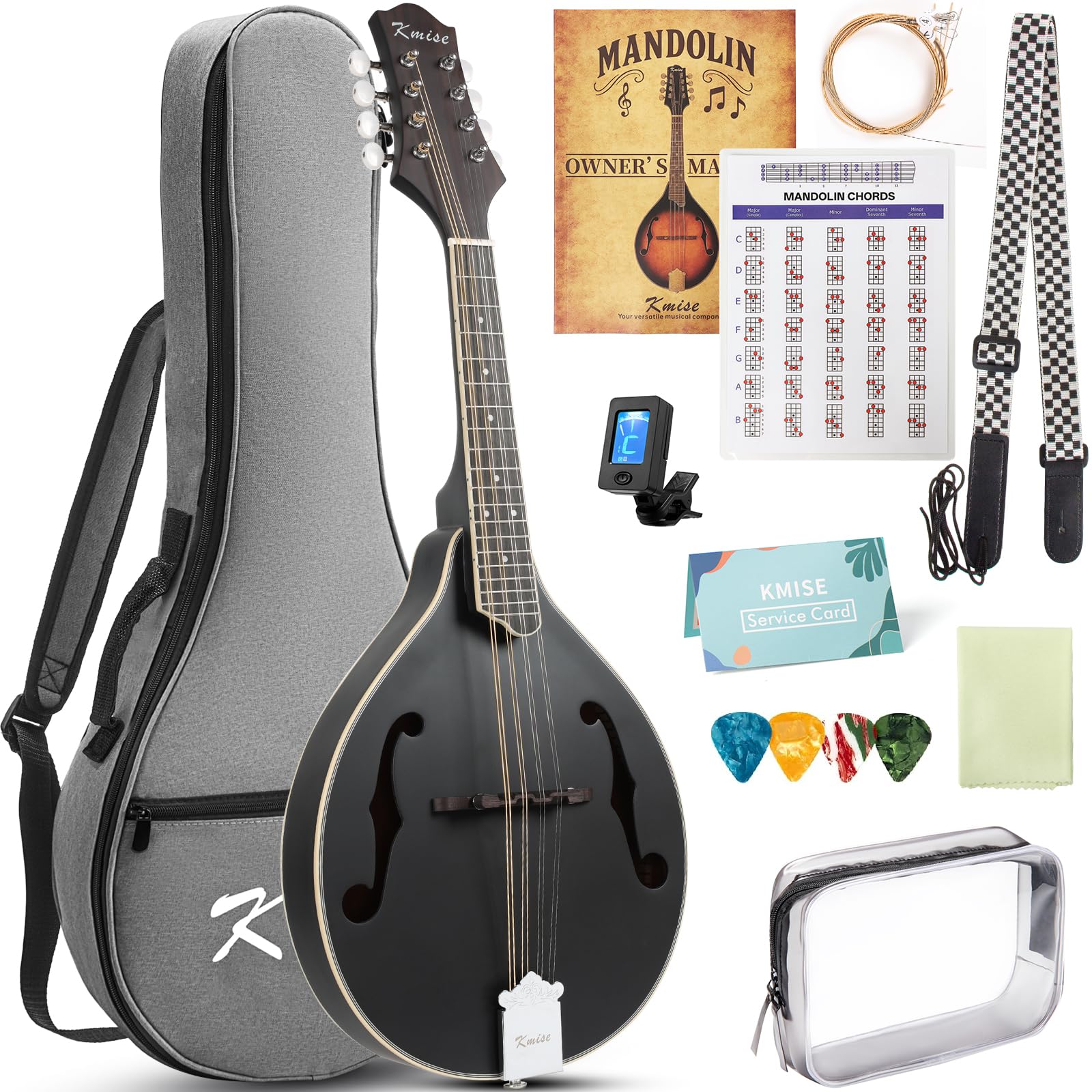 Mandolin Instrument A Style, Acoustic Mandolins Instrument Kit 8 String with Tuner Strap Gig Bag Chord Chart for Professional Beginners Adults Teens Youth