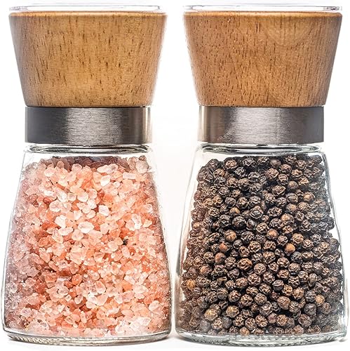 Miniatura 8 de Juego de molinillo de sal y pimienta de madera con soporte, sal marina manual, molino de pimienta y especias, recipiente de vidrio, grosor ajustable