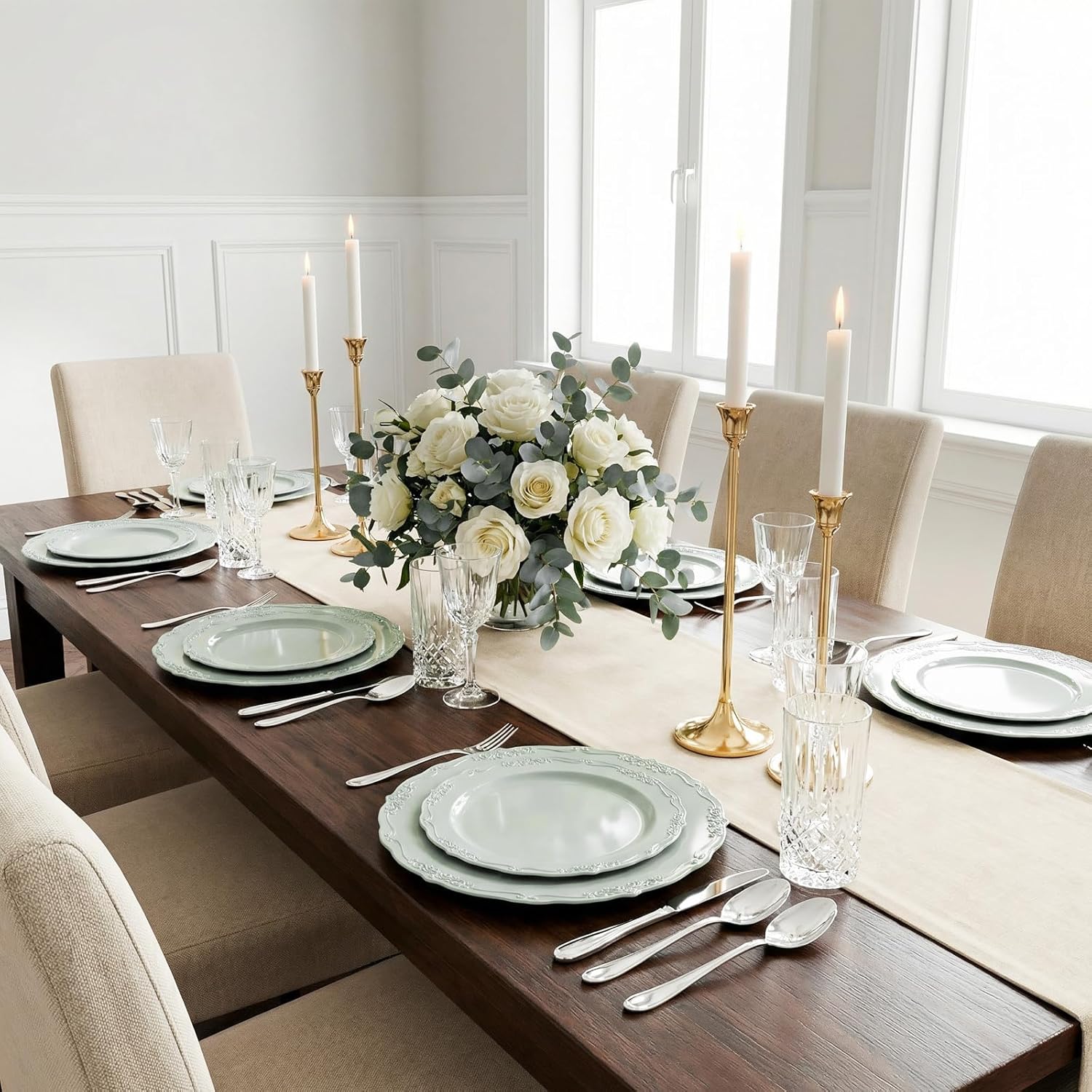 Tinybee 60PCS Sage Green Plates - Heavy Duty Sage Green Disposable Plates, Elegant Plastic Plates for Bridal Shower, Wedding and Party Including 30 Dinner Plates 10 '' & 30 Dessert Plates 7.5 ''