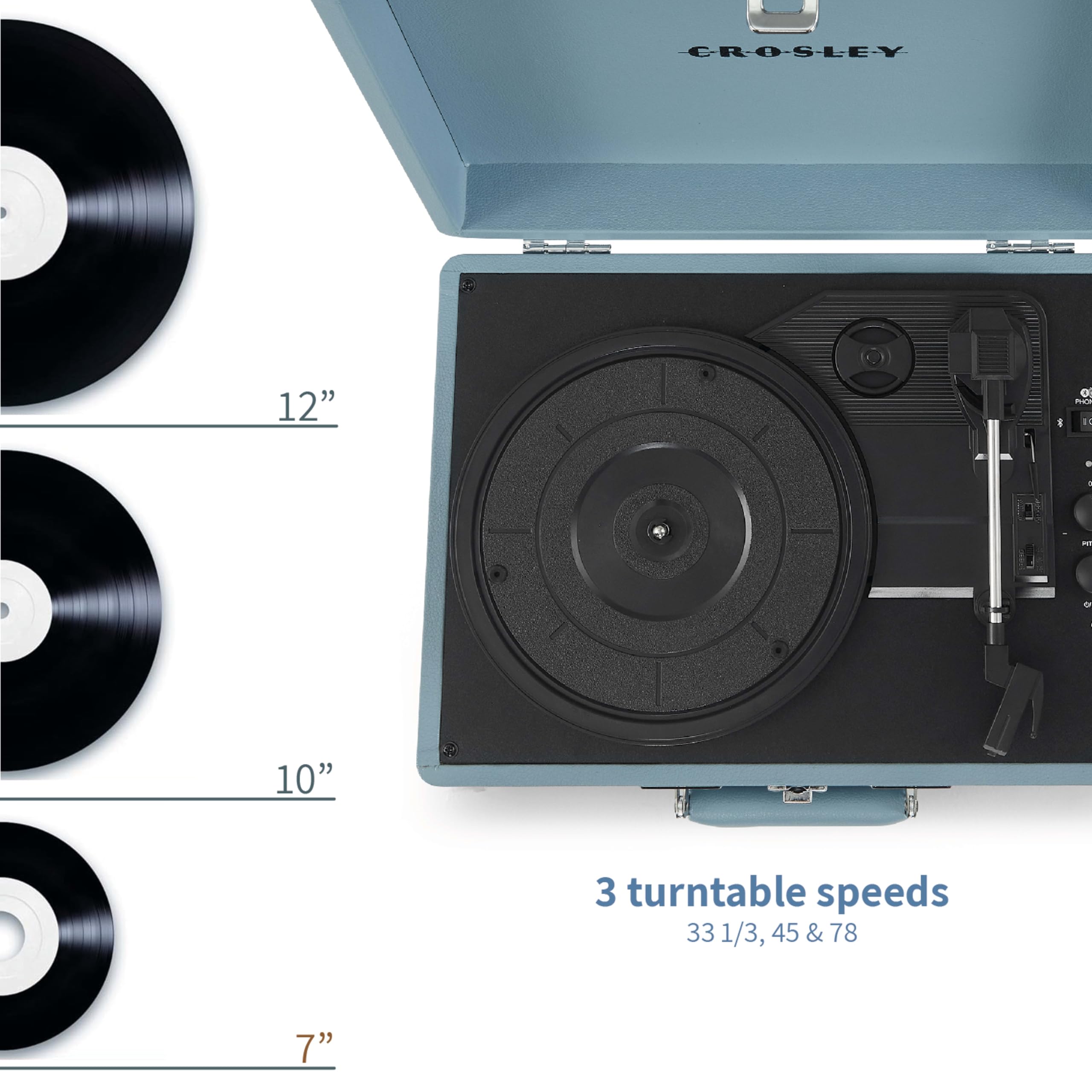 Crosley Cruiser Plus - Giradischi portatile Bluetooth, lettore vinile valigia a 3 velocità, giradischi per la casa per dischi in vinile, altoparlanti stereo integrati, ricevitore Bluetooth, ingresso