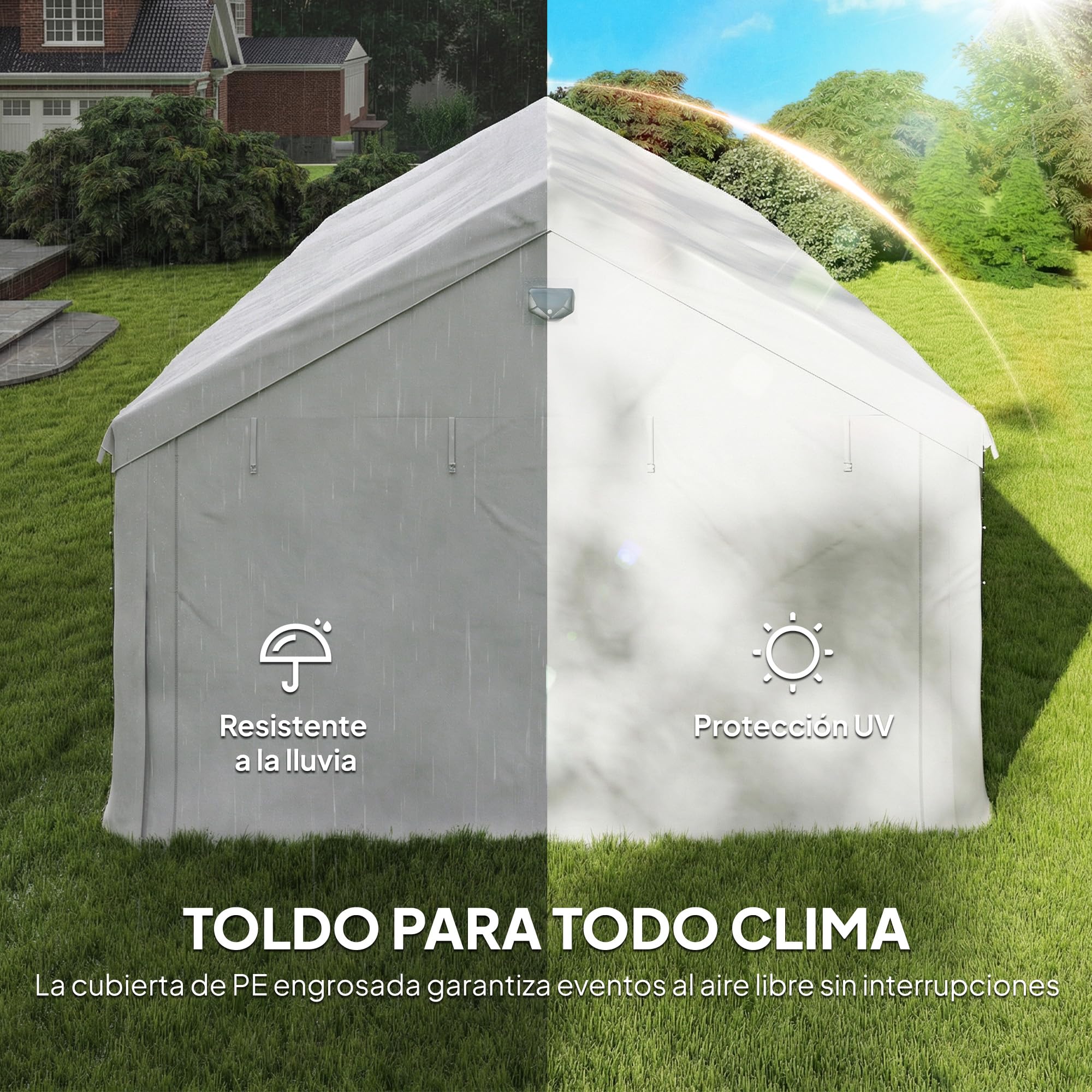 Outsunny Carpa para Fiesta 4x6 m con Luces LED, Tiras, Carpa de Jardín con Estructura Acero Galvanizado, Paredes Laterales Extraíbles, 2 Puertas con Cremallera, Ventanas, UPF30+, para Eventos, Blanco