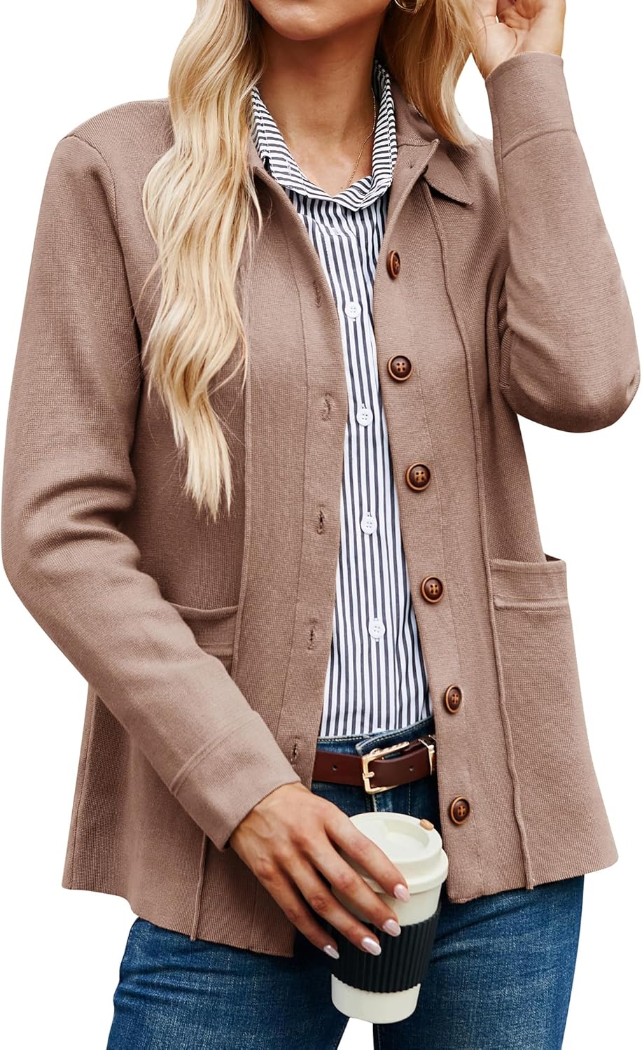 GRACE KARIN Women Casual Cardigan Knit Button Down Shirts Long Sleeve Shacket Jacket with Pockets Reddish Brown Medium