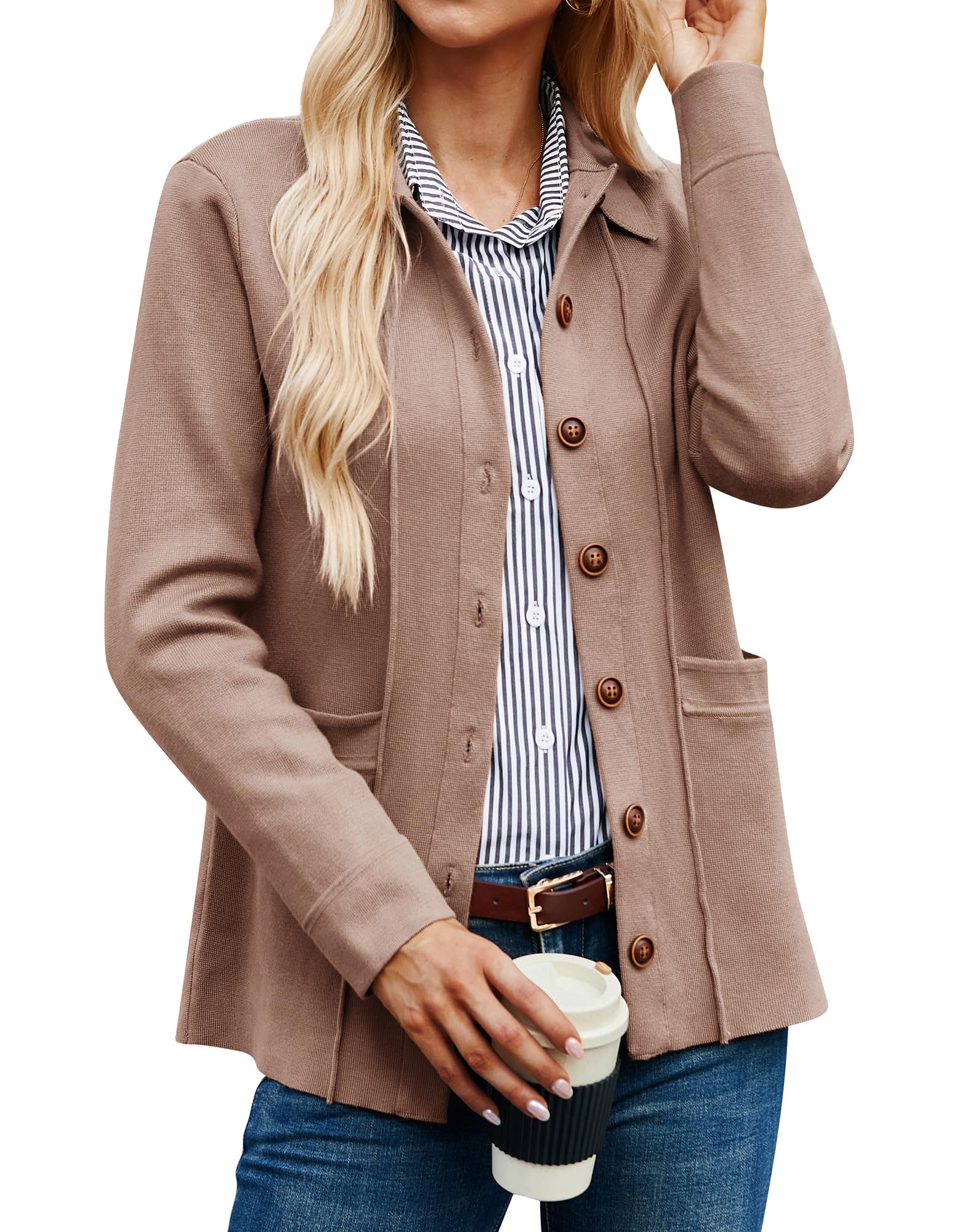 GRACE KARIN Maglione da Donna con Risvolto Cardigan Manica Lunga Button Down Maglione Classico con Tasche