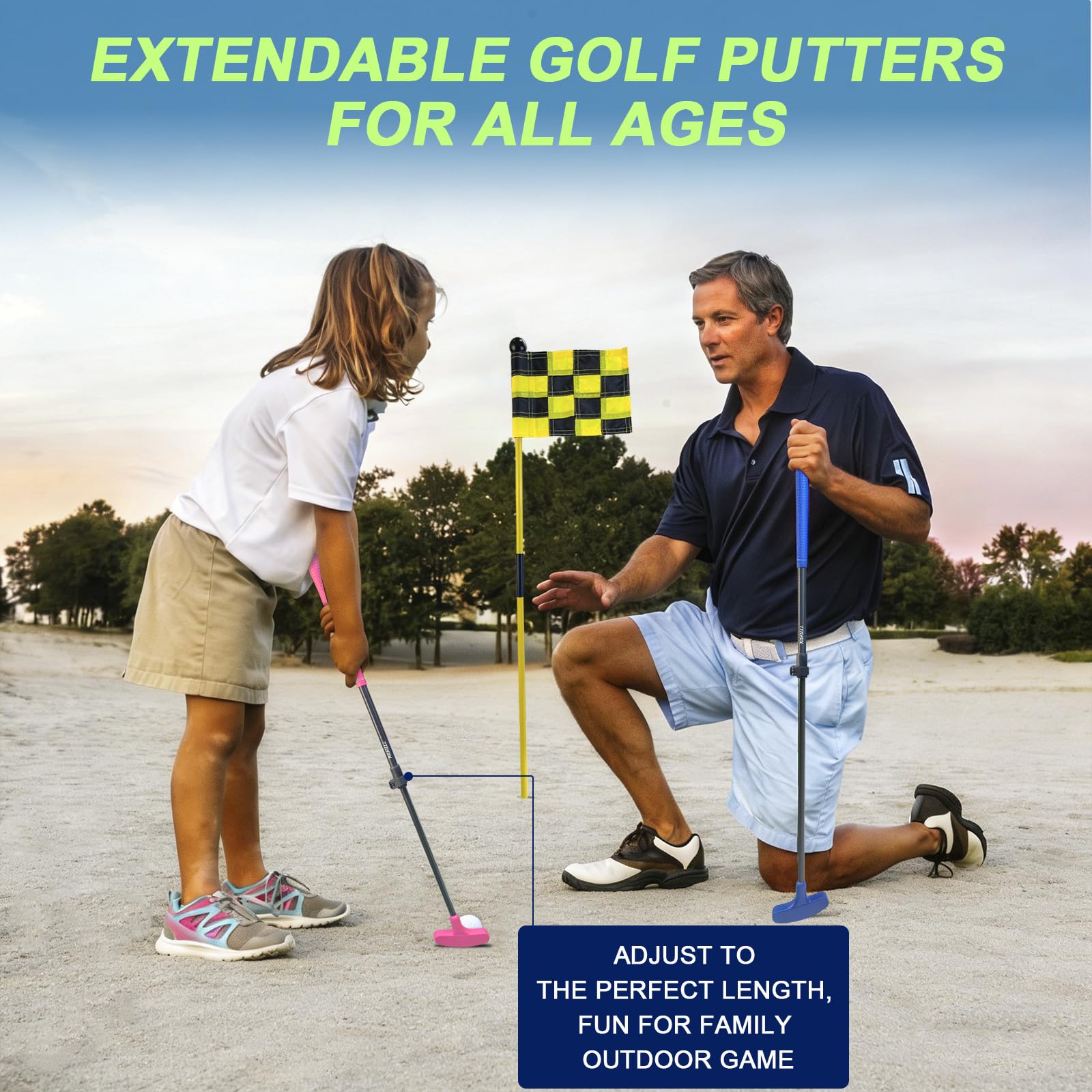 Mini bandera de golf, bandera verde para patio, playa, juego de marea baja, todos 3 pies, juego de tazas con agujero de bandera de golf, 2 putters ajustables, 3 banderas y copas de agujero, 6 pelotas