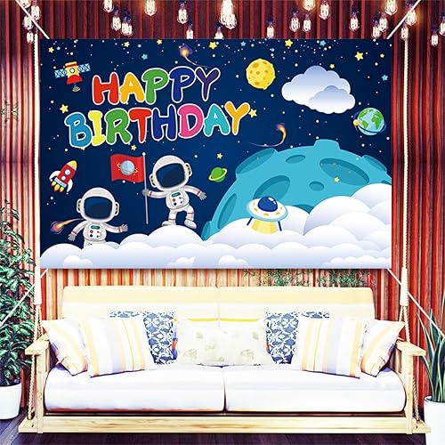 Miniatura 5 de Fondo de feliz cumpleaños espacial, pancarta de cumpleaños azul, suministros de fiesta temática del espacio exterior, decoraciones de cumpleaños