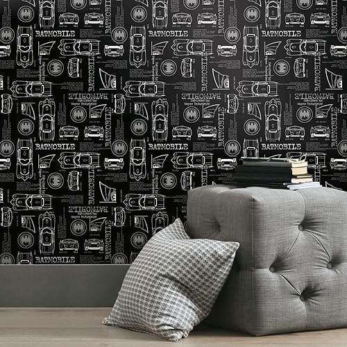 Miniatura 1 de RoomMates RMK11850RL - Papel tapiz de Batman blanco y gris con estampado de batmóvil para despegar y pegar