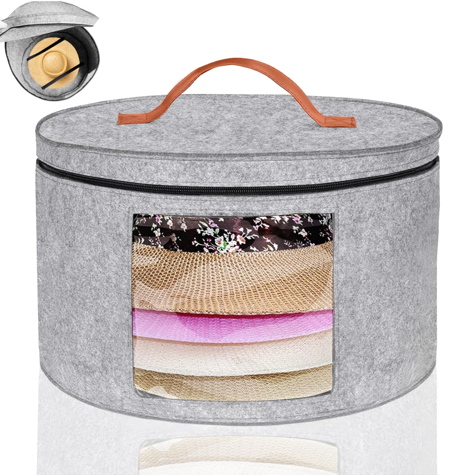Rierousy - Scatola pieghevole per cappelli rotonda in tessuto con coperchio e cerniera, manico in pelle, finestra trasparente, scatola per cappelli - 42 x 25 cm (Grigio chiaro)