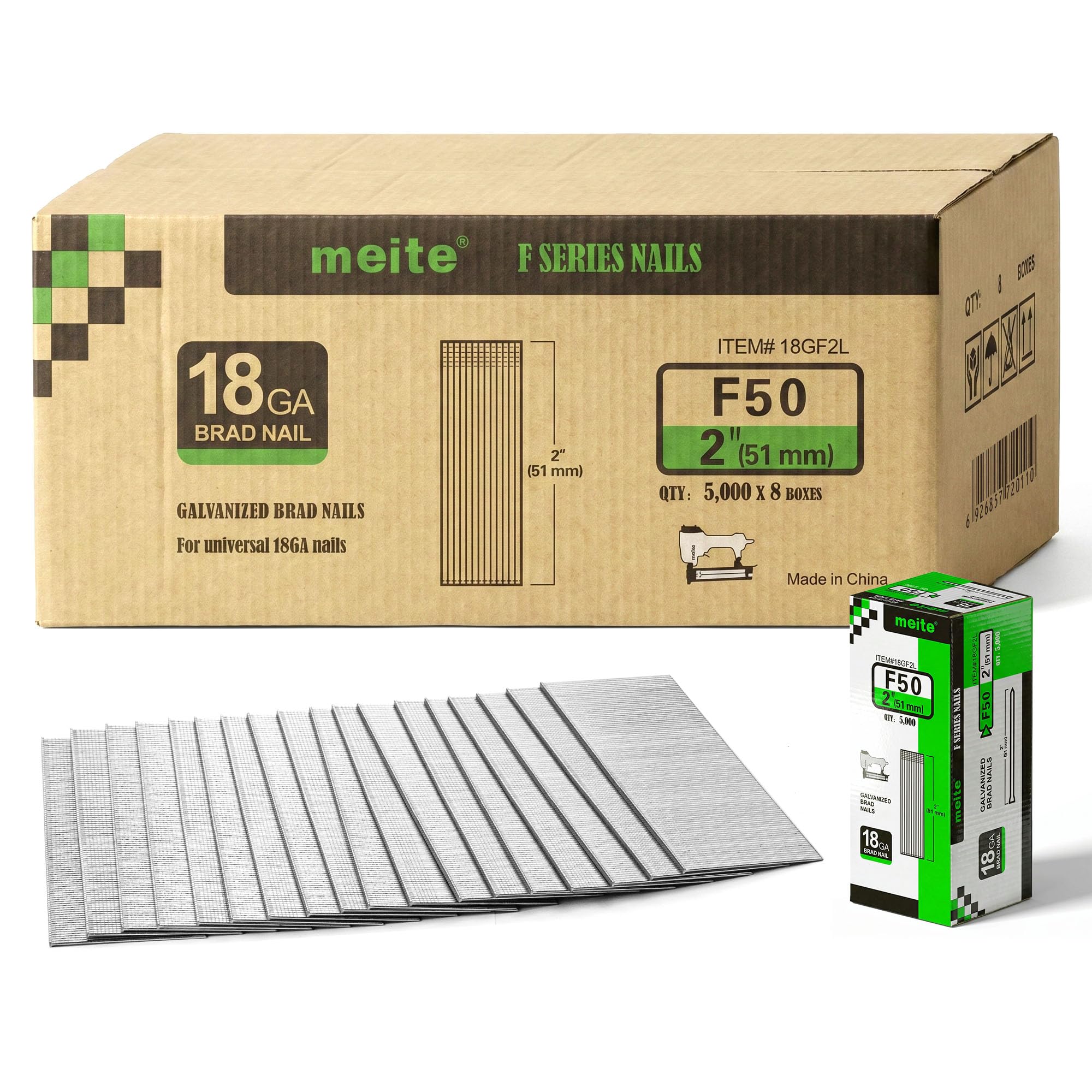 meite 18 Gauge Brad Nails, 50 mm 18G Brad Nails for Nail Gun, Galvanised Small Finishing Nails for Pneumatic, Electric 18GA Brad Nailer Gun (1 Case - 8 Boxes)