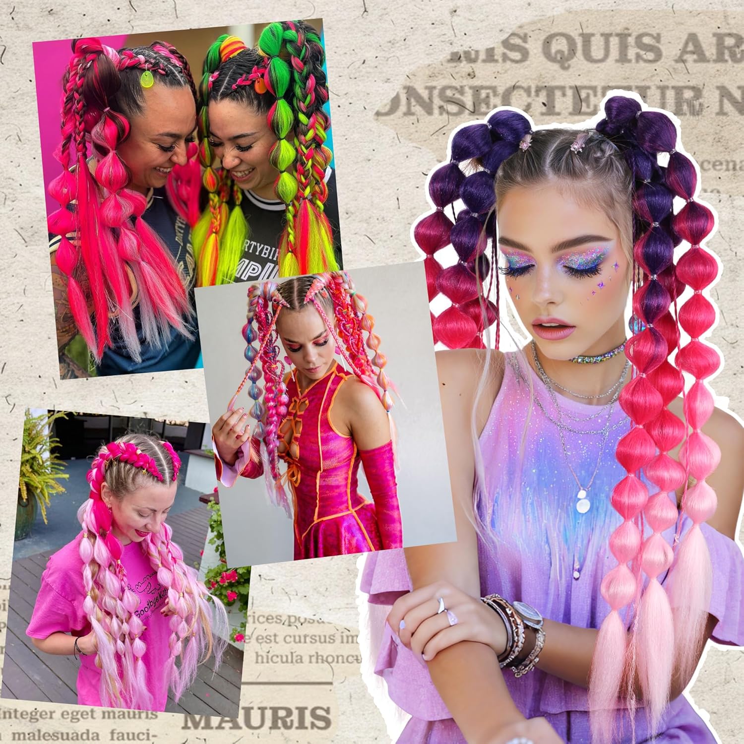 2PCS Colorful Synthetic Bubble Ponytail Extensions,24inches Lightweight Braided Hair Extensions, Festival Rave Accessories for Girls Crazy Hair Day (Ombre Dark Blue to Light Blue)