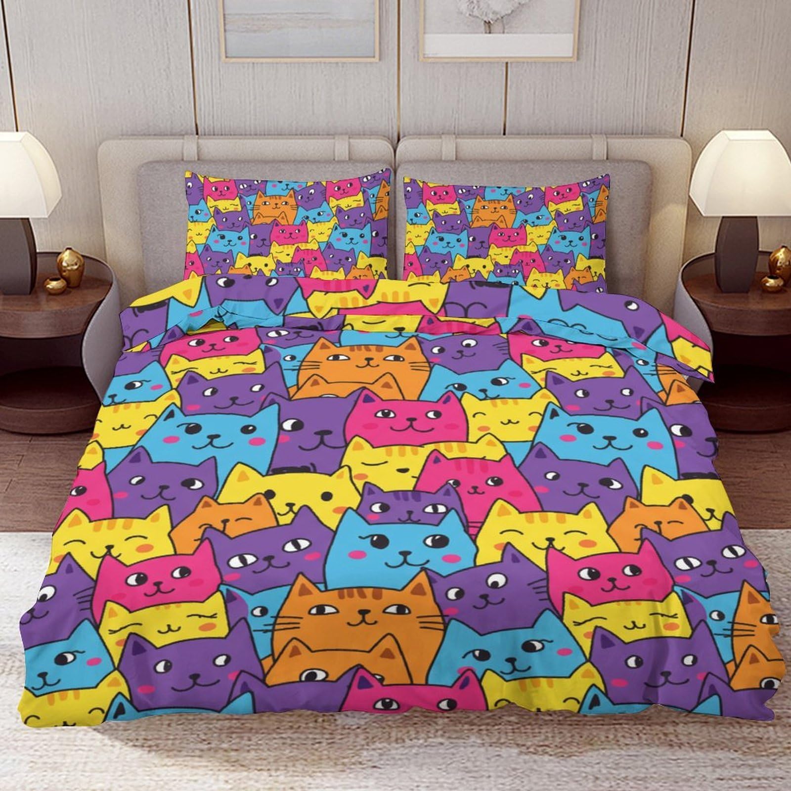 Delerain Comforter Cover Set Full Size, Colorful Cartoon Cat 3-Piece Bedding Set for Boys Girls Teens Modern Soft Microfiber Bedroom Set Room Decor, 1 Duvet Cover + 2 Pillowcases