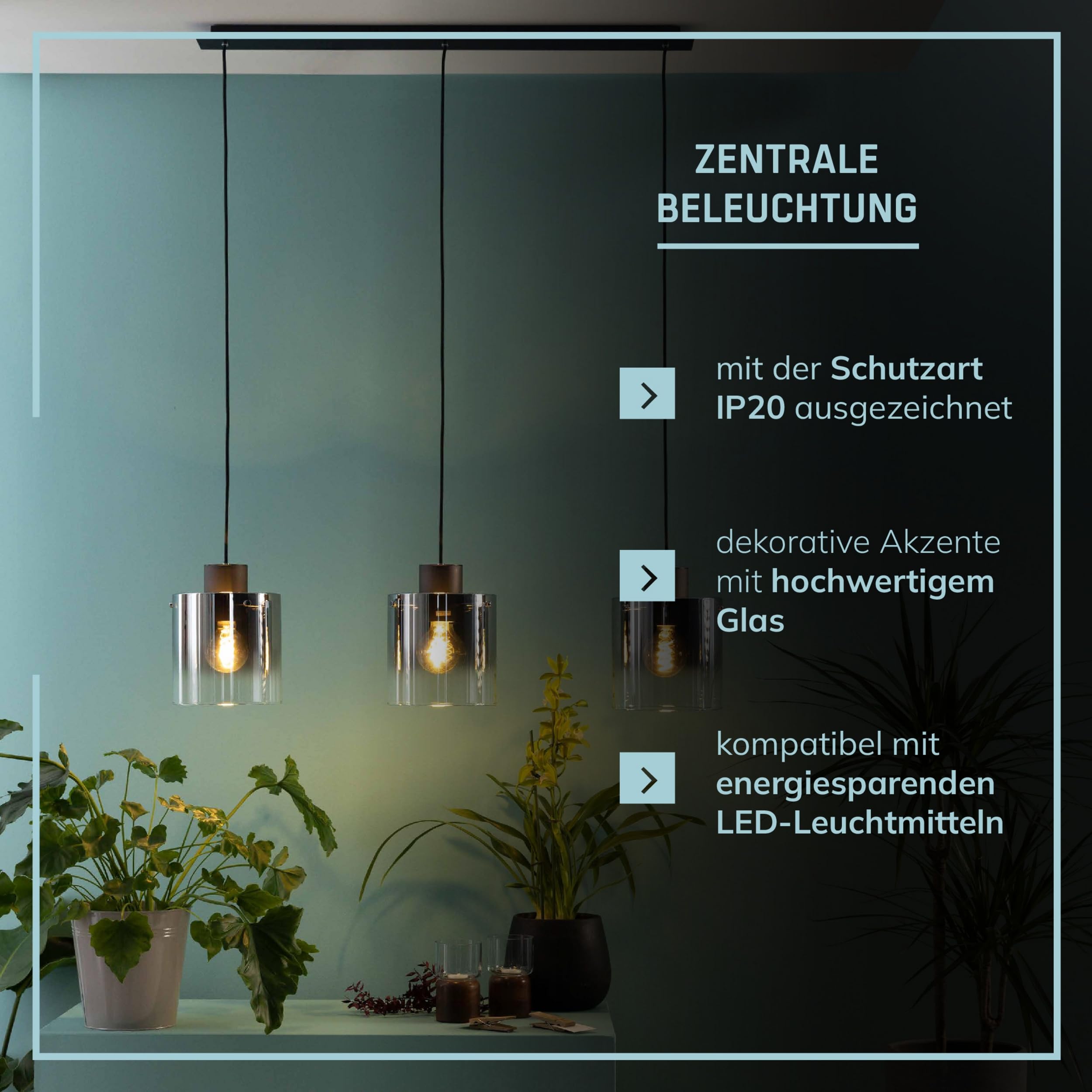 Lightbox Pendelleuchte 3-flammig - mit Rauchglas in Kaffee - Hängelampe für Esstisch, Küche & Wohnzimmer - exkl. E27 LED
