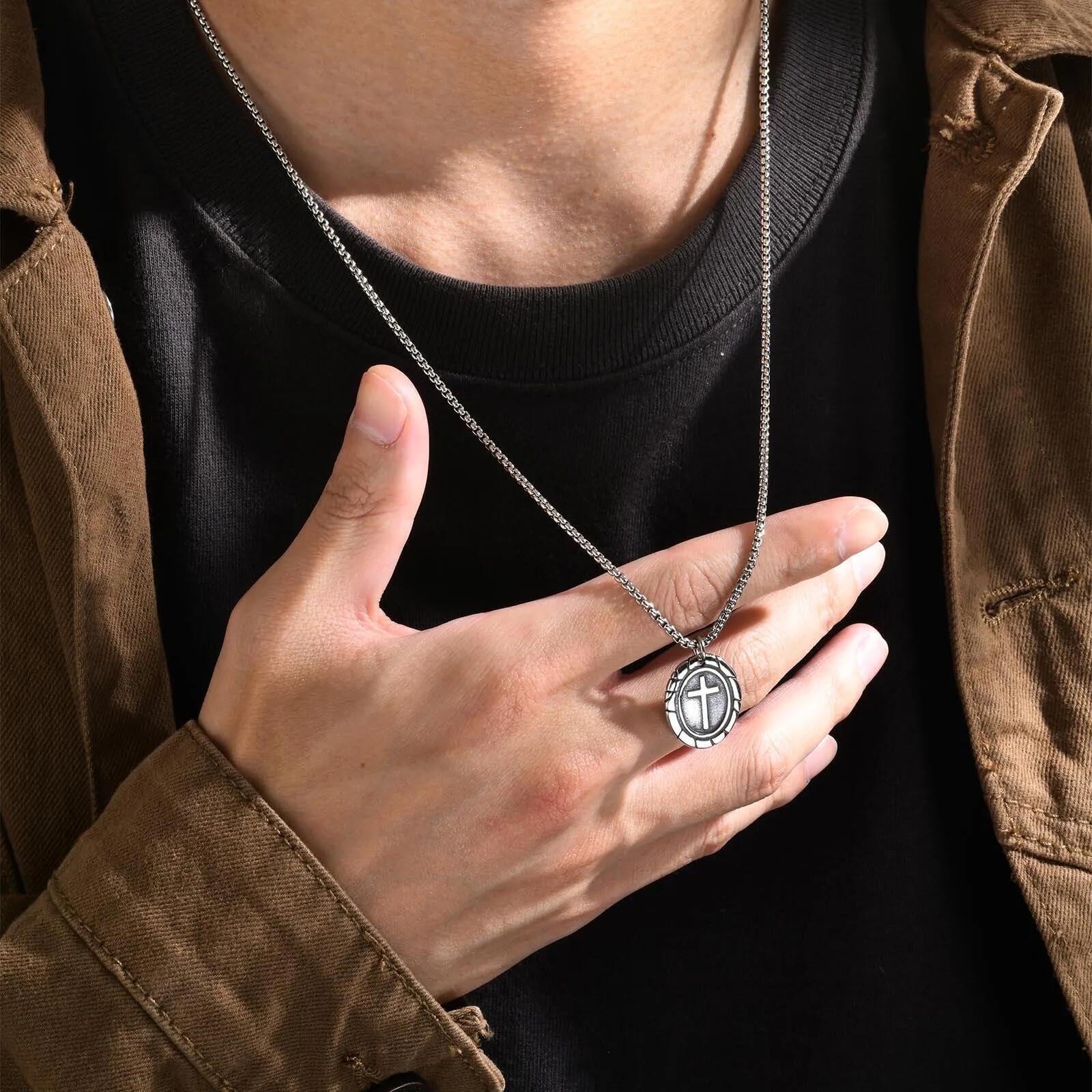 Collana in lega con perline croce doppia faccia gioielli ovali in acciaio inossidabile pendente per coppie catena abbinata per uomini e donne regolabile per donne ragazze e ragazzi
