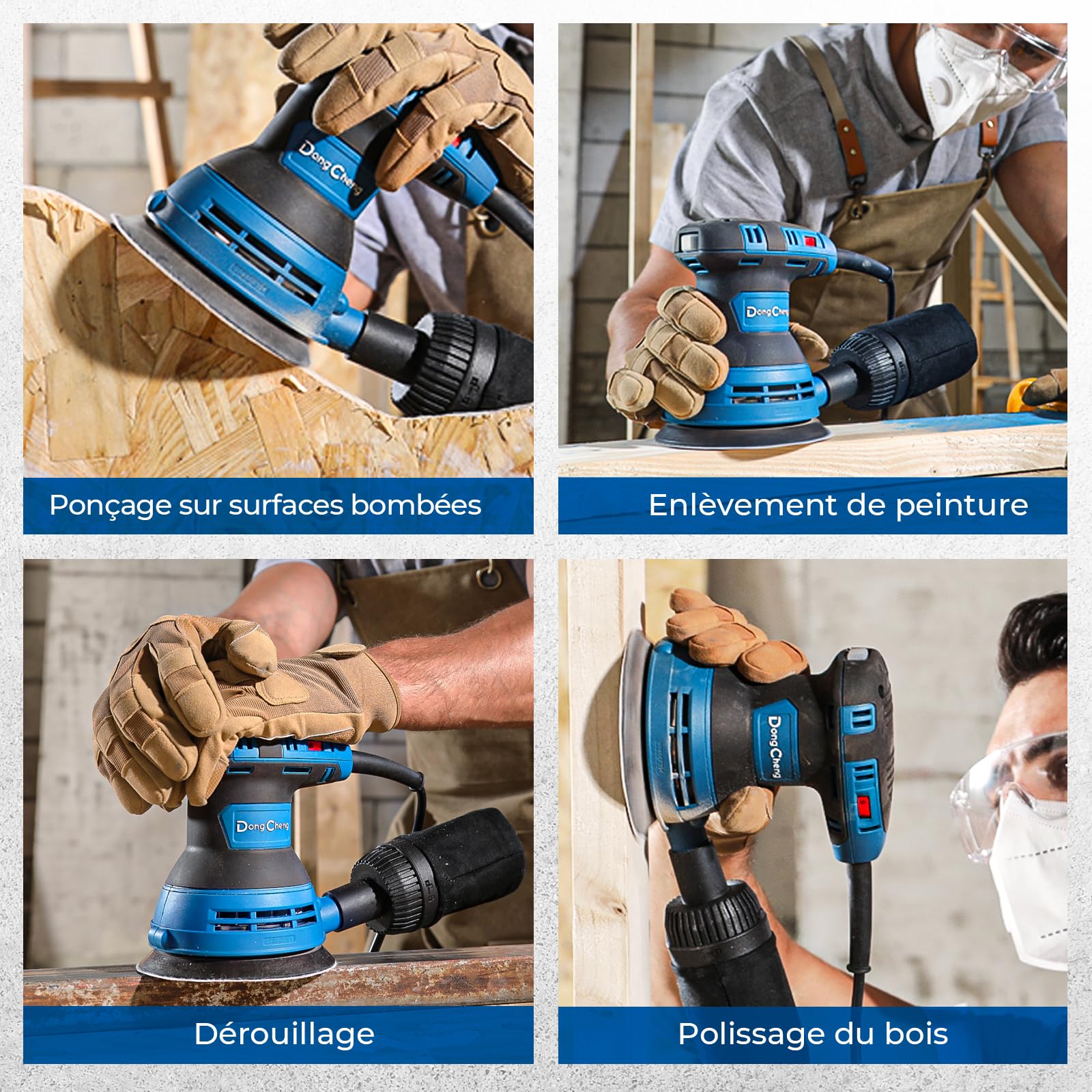 DongCheng Ponceuse excentrique 300 W, 125 mm, 6 vitesses, 4000-12000 tr/min avec dépoussiéreur et 10 types de papier de verre, Ponceuse orbitale aléatoire, idéale pour les travaux de bricolage