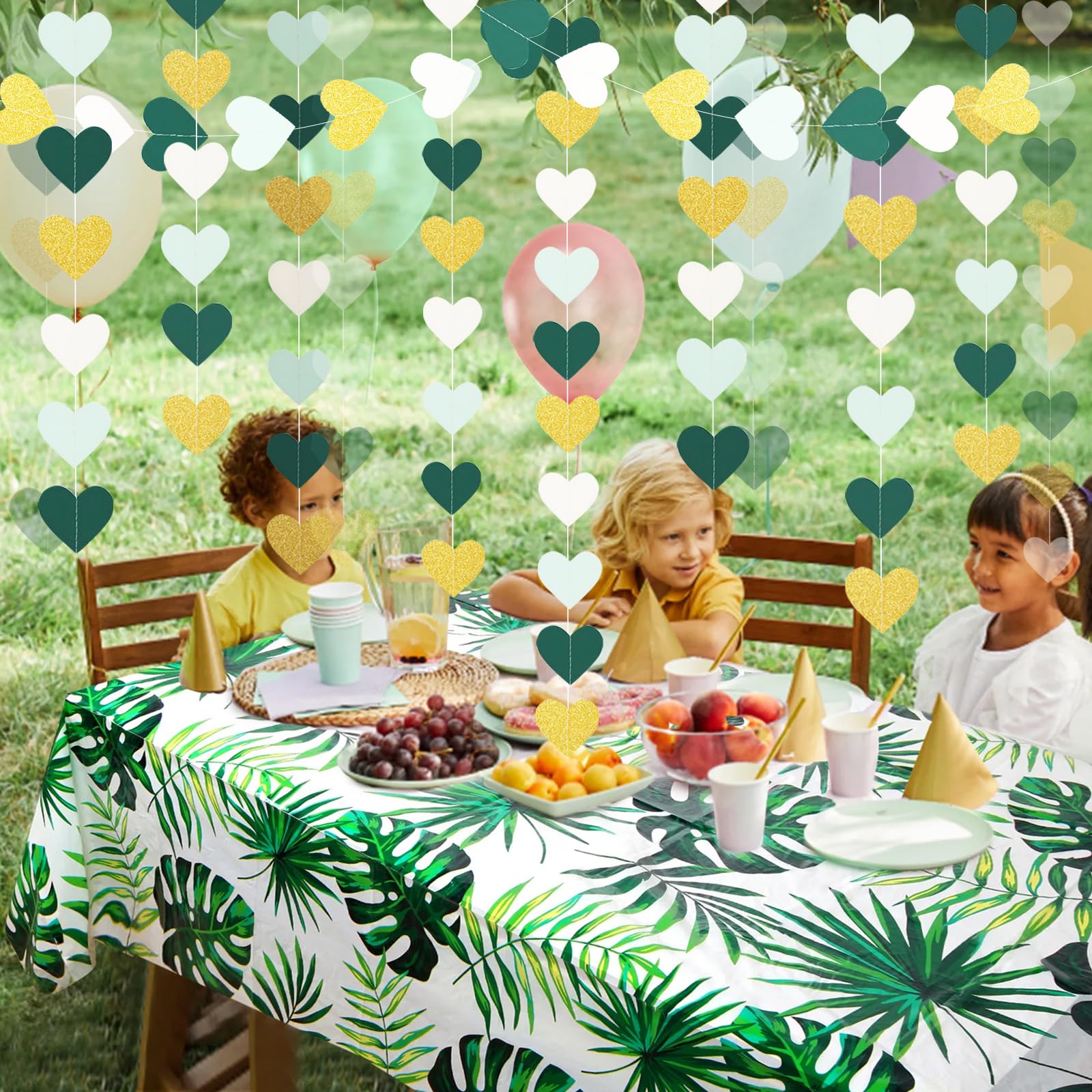 Guirnalda de corazón para decoración de fiesta verde salvia y dorada, 52 pies, decoración de cumpleaños para boda, pancarta de serpentinas, despedida de soltera, compromiso, San Valentín, compromiso,