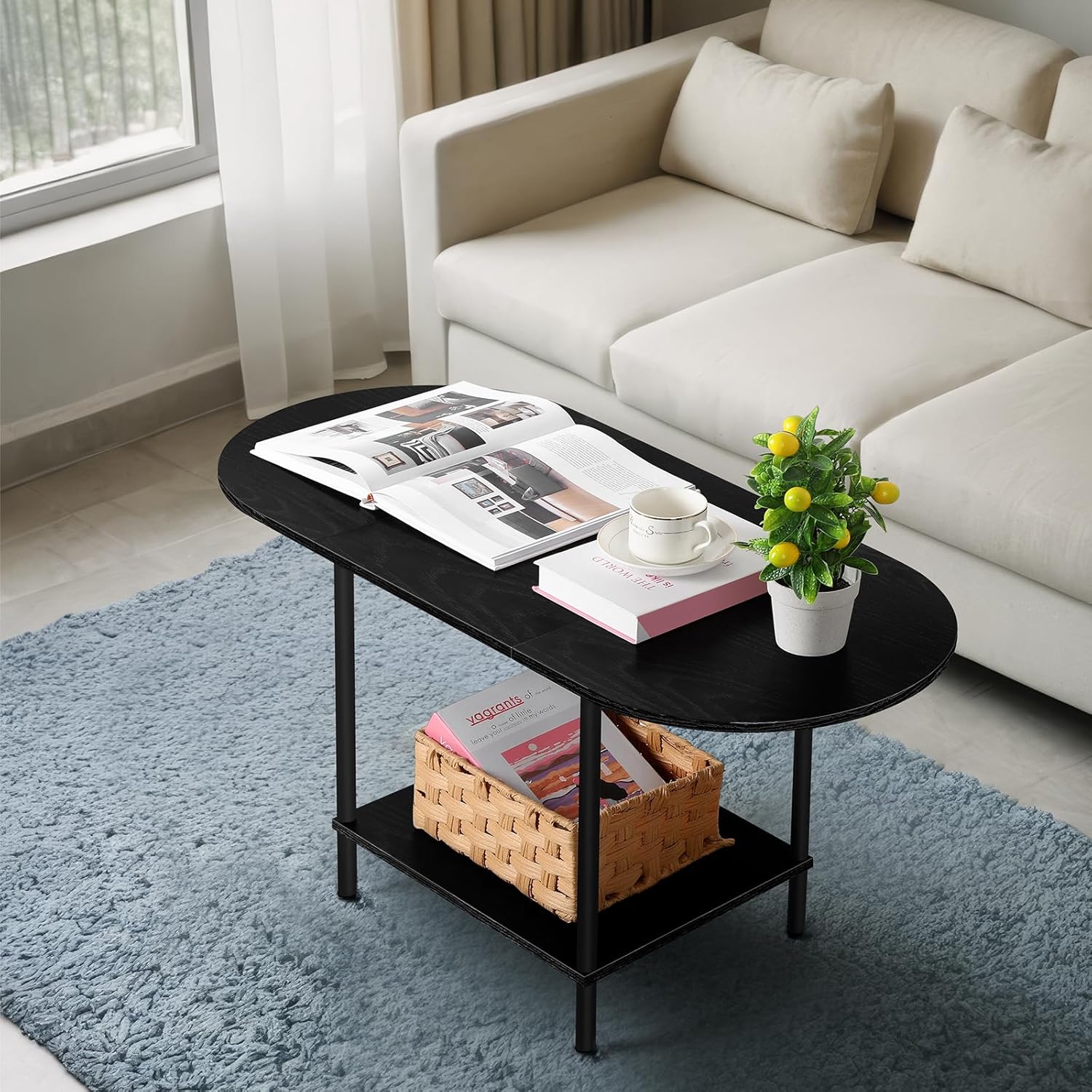 Black Coffee Table for Living Room, 2 Tier Oval Coffee Table, Farmhouse ...