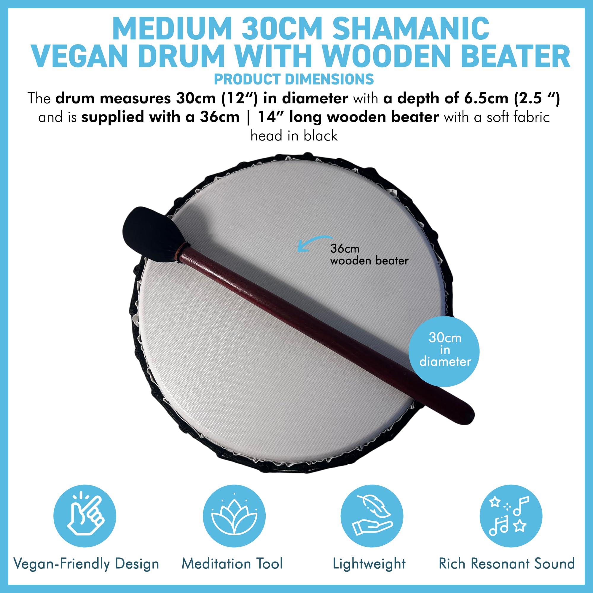 Mittlere 30 cm schamanische vegane Trommel mit Holzschlägel, Perkussionsinstrument mit tiefem Resonanzton
