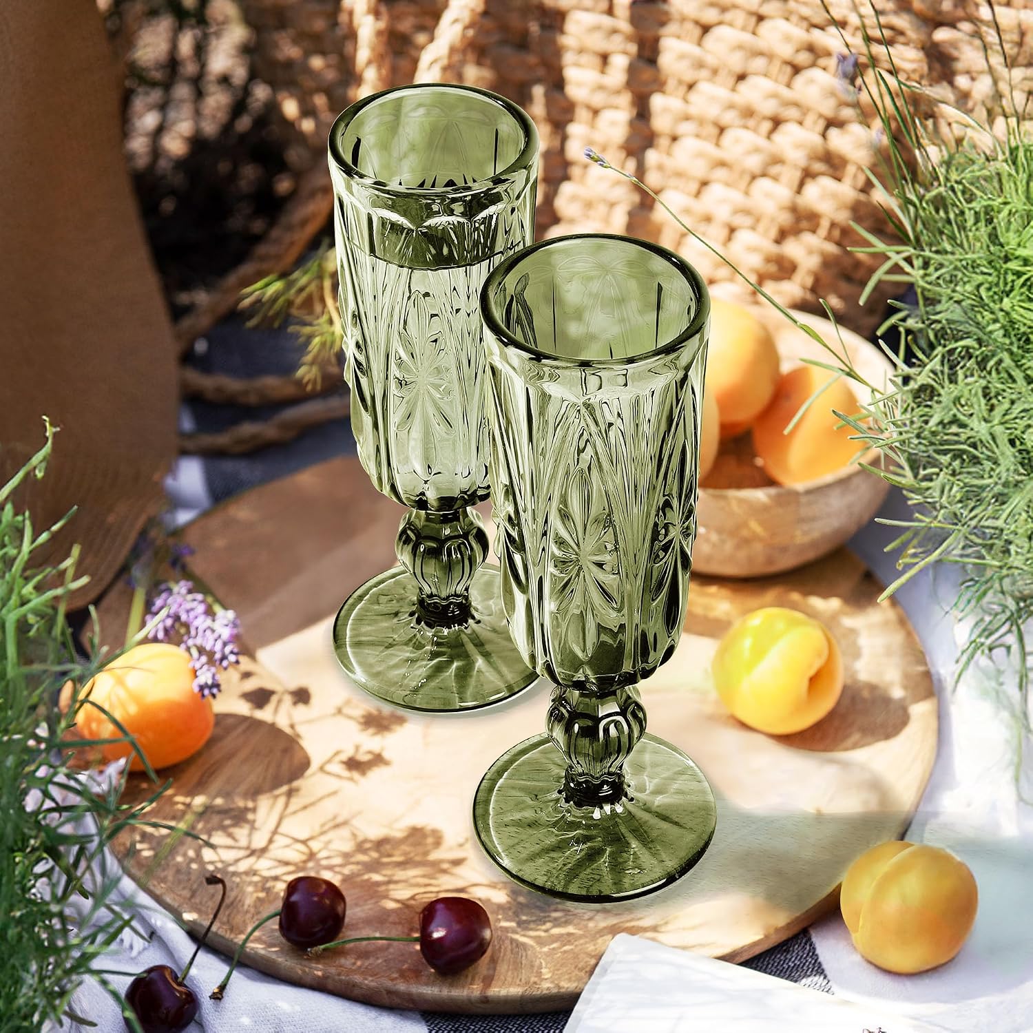 Joeyan Vintage Green Champagne Flutes Glasses Cups,Embossed Floral Colored Sparkling Wine Glasses,Toasting Goblet for Weddings Birthdays Celebrations,Set of 4,4.5 oz,Dishwasher Safe