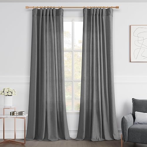 Joywell Linen Curtains 96 Inches Long for Living Room Hook Belt Dark Grey