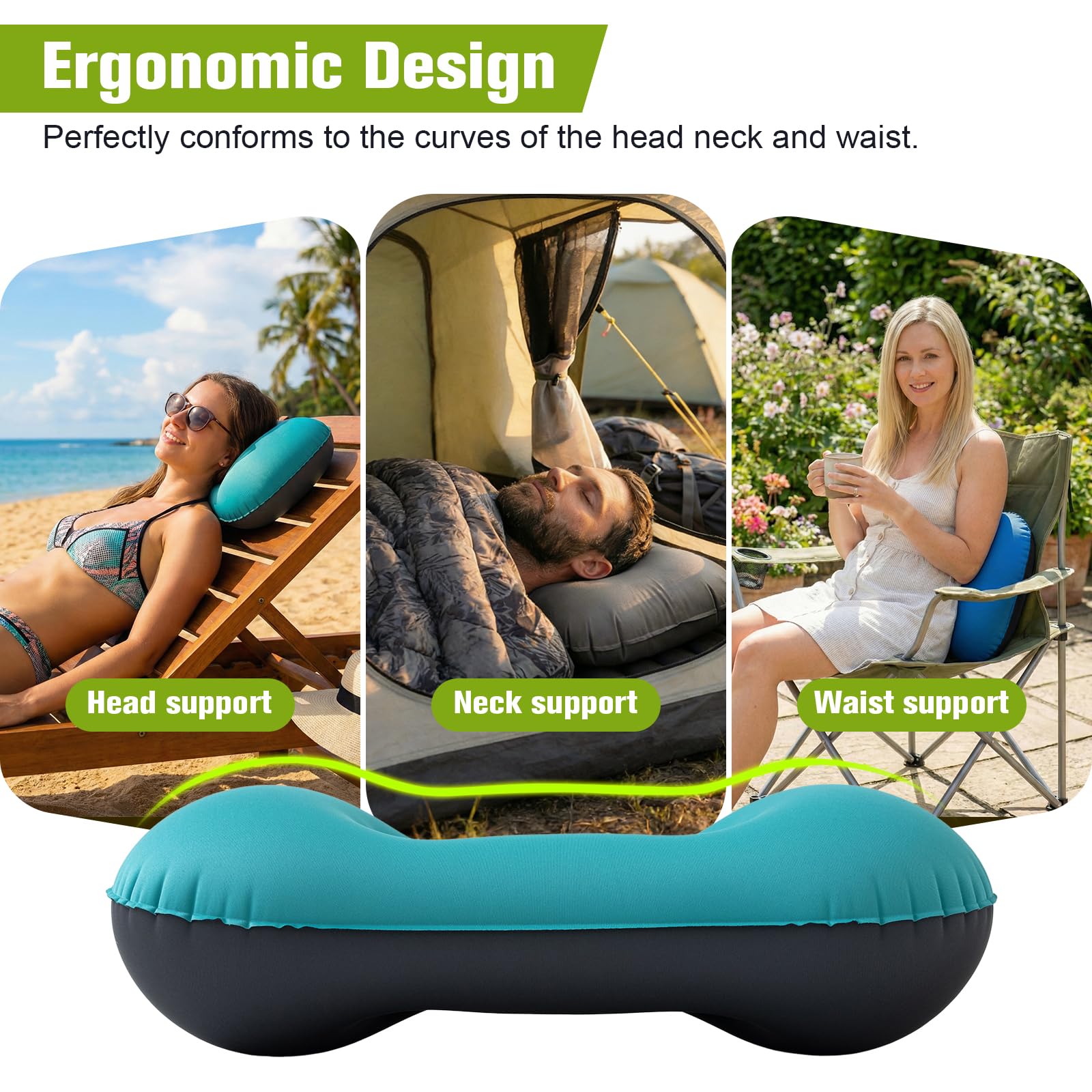 JetsCush Cuscino da Campeggio Leggero e Compatto, Gonfiabile Mare e Cuscino Spiaggia da Viaggio con Supporto Ergonomico, Campeggio Accessori, Accessori Viaggio e Trekking (Turchese) - 5