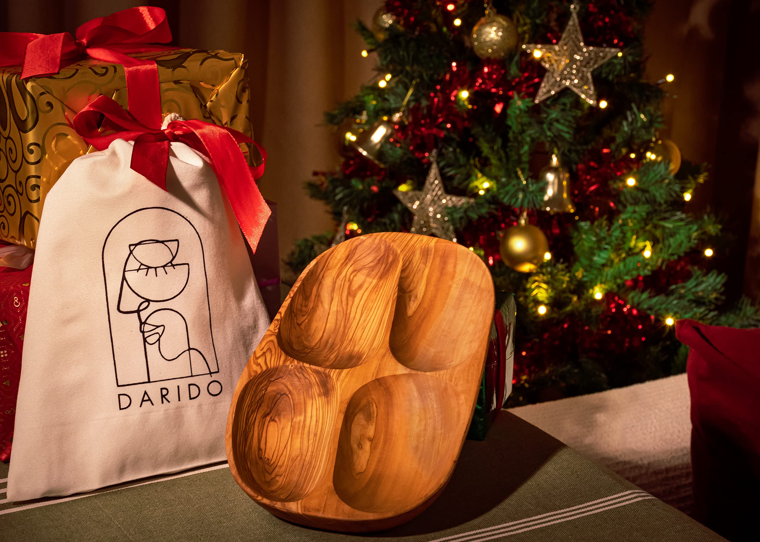 Plato de Aperitivo de Madera de Olivo, Oval 26x16 cm, Cuenco de Tapas Hecho a Mano, Bandejas de Aperitivos de 4 compartimentos, Platos para Fiesta, Platos para Servir Tapas, Vajilla Decorativa