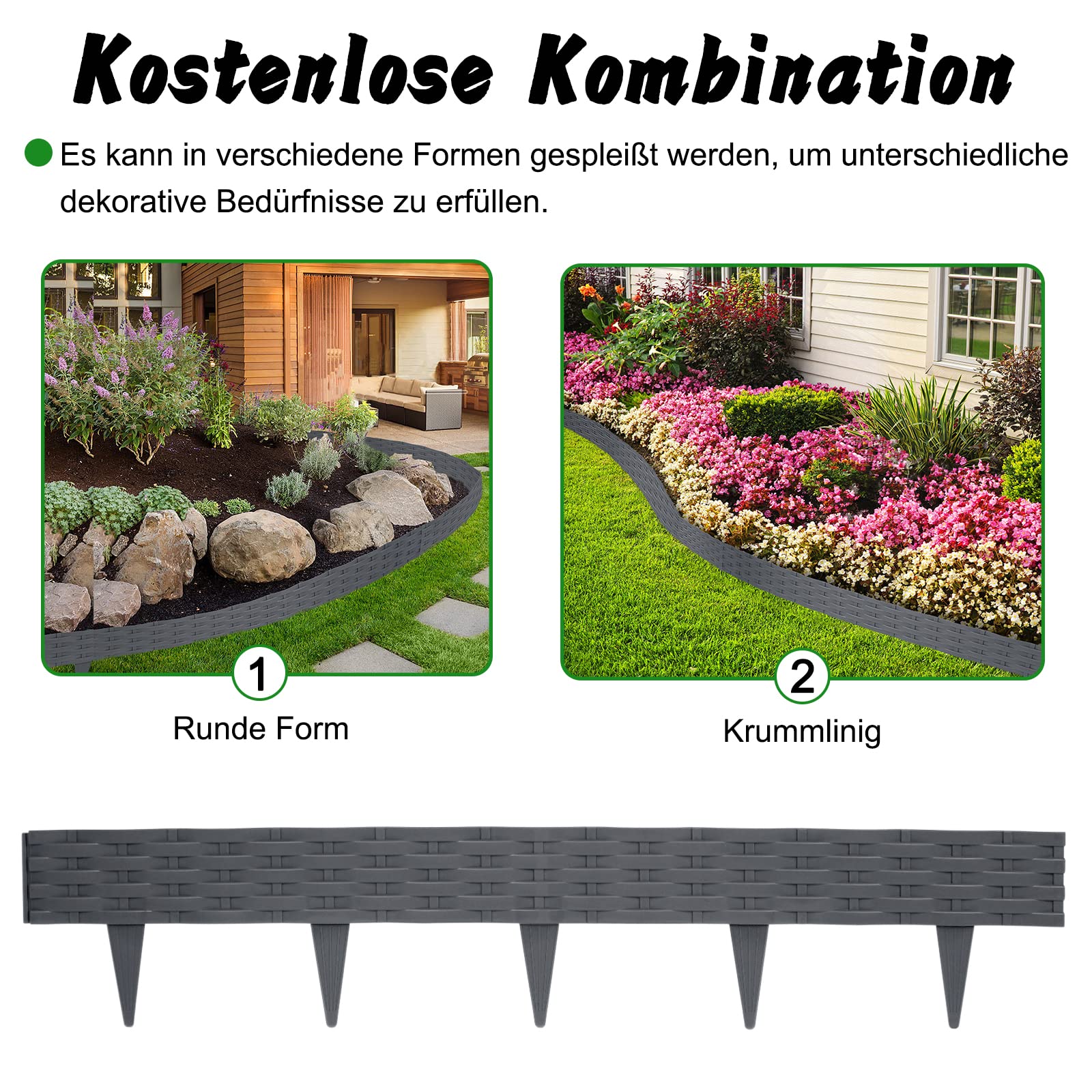 Froadp Rattan Optik Beeteinfassung Rasenkante Set, 100cm Beetumrandungen Kunststoff Rasenkantensteine, Plastik Rasenbegrenzung Beetzaun, Beetabgrenzung Garten Palisaden (40m=40 Stück, Anthrazit)