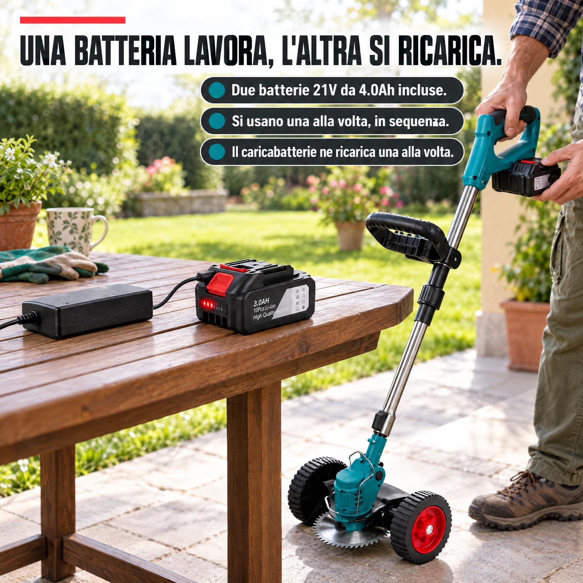 Decespugliatore a Batteria 21V con Ruote, 2 Batterie 4.0Ah Incluse
