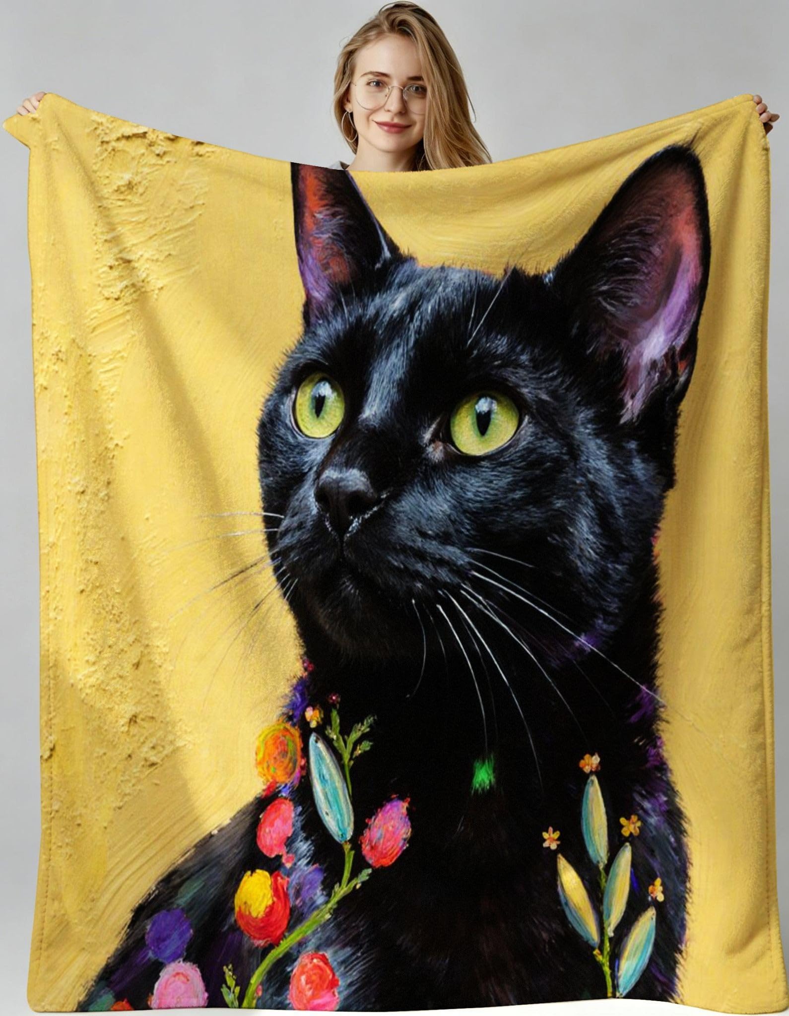 Plaid polaire 240x260 chat jaune pour lit 2 personnes en flanelle
