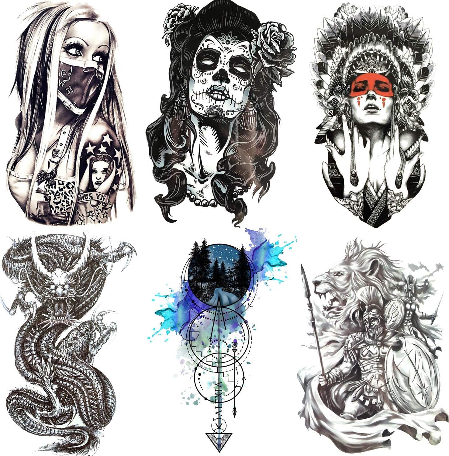 COKTAK6 Pieces/Lot Large Black Dragon Temporary Tattoos Stickers For Men Boys Death Skull Anchor Arrows Waterproof Fake Tattoos For Women Arm Gangster Spartan Indian Warrior Tatoos Adult Armband