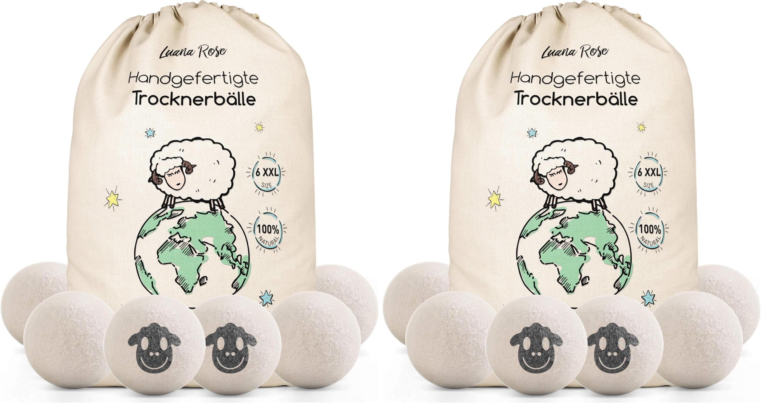 Luana Rose Trocknerbälle für Wäschetrockner -100% Schafwolle, Öko-Freundlicher Weichspüler, Sparen Sie Zeit & Energie- Perfekt Trockenball für Daunen - Tennisbälle zum Waschen -Set 6 Stkv