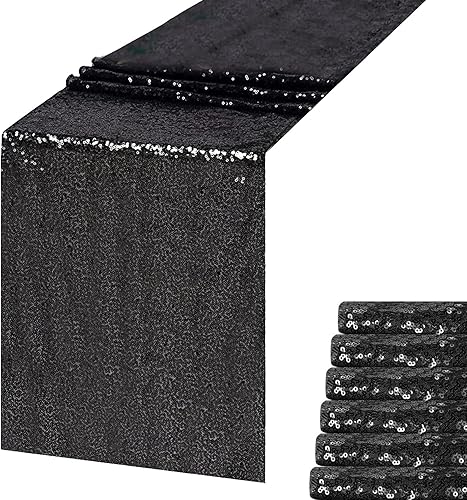 Camino de mesa de lentejuelas negras de 12 x 72 pulgadas, paquete de 6 caminos de mesa con purpurina para decoración de fiestas, baby shower,