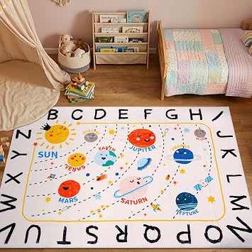 ABC Space Kids Rug,33" x 411" Non-Slip Solar System Alphabet Rugs, Washable Rug, Soft Plush Educational Large Rug for Classroom playroom Bedroom Kids Room Decorfor Age 2+