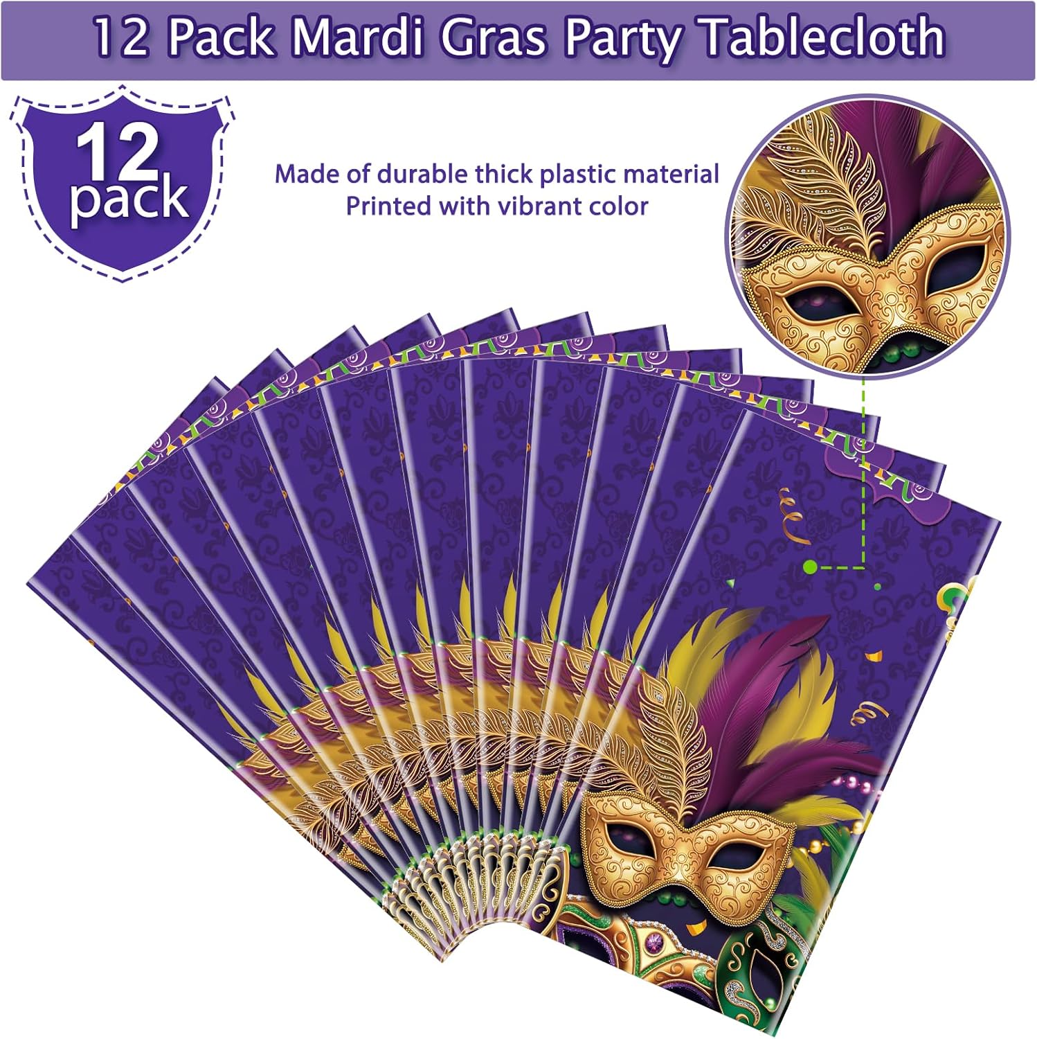 12 Pack Mardi Gras Tablecloth, Masquerade Dancing Party Tablecloth Decorations, Plastic Purple Table Cover Backdrop for Mardi Gras Carnival Party Supplies and Decors, 54 x 108 Inch
