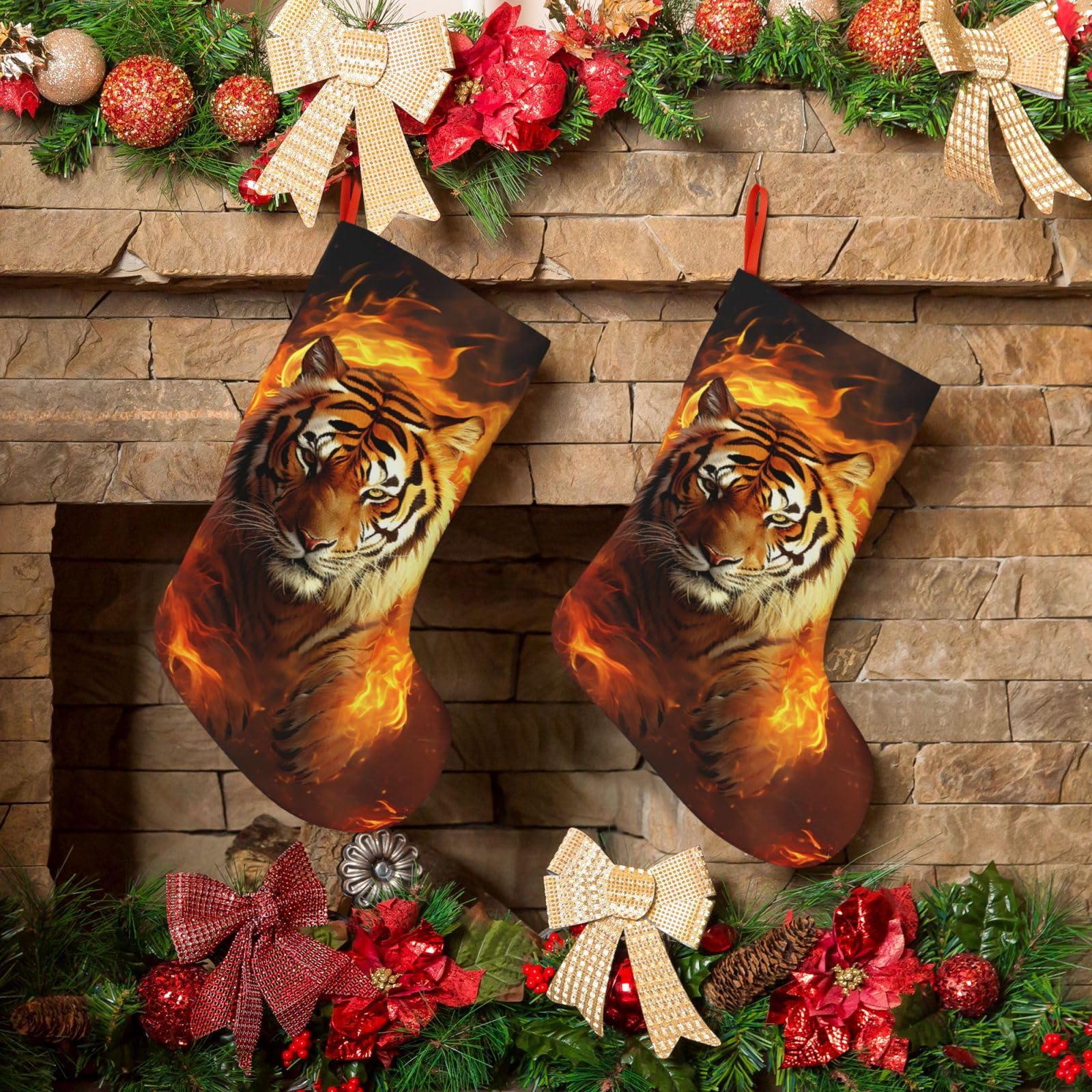 KLOPH Christmas Stockings 18" Personalized Xmas Stocking Cool Tiger in Flame Decoration Stockings Hanging Ornaments Fireplace Stocking for Holiday Xmas Tree Christmas Decor