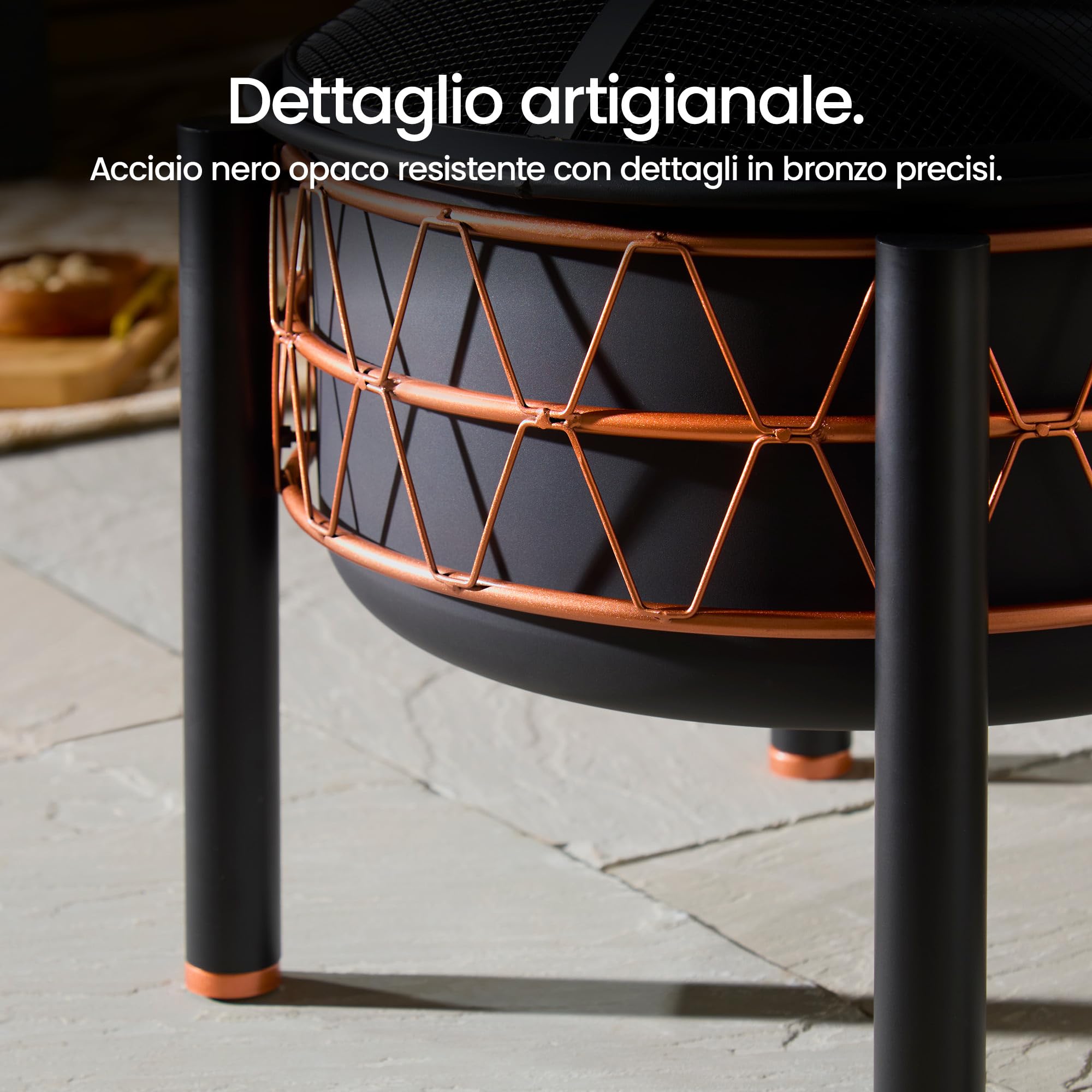 VonHaus Braciere – 2-in-1 con Griglia BBQ per esterni, giardino e patio, in acciaio nero con dettaglio rame, con attizzatoio e coperchio in rete inclusi, legna o carbone