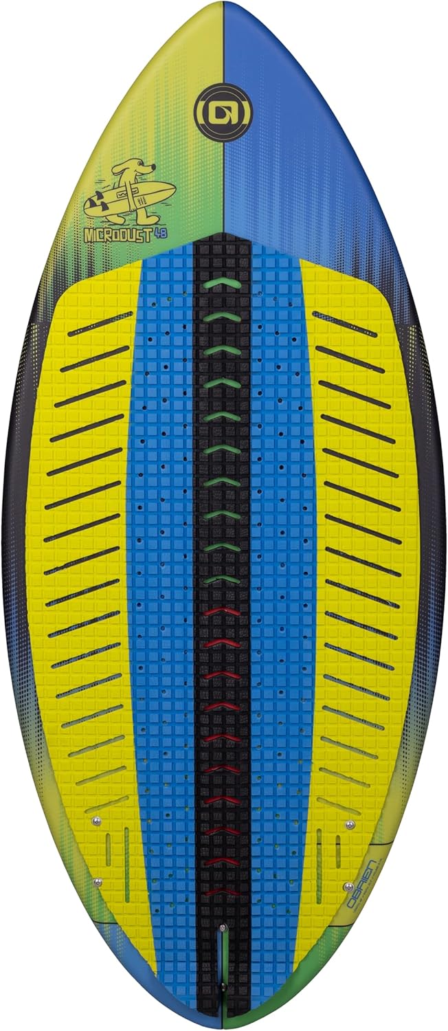 O’Brien Micro Dust Wakesurf Board – 44" or 48" Skim-Style, Compression Molded, Rounded Pin Tail, Color-Coded EVA Pad, 3 Removable Delta Fins – Ideal for Young Riders & Skill Progression