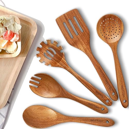 WOTTISH Cucharas de madera para cocinar, juego de utensilios de cocina de madera de 5 piezas hechos de material de madera maciza natural, incluye