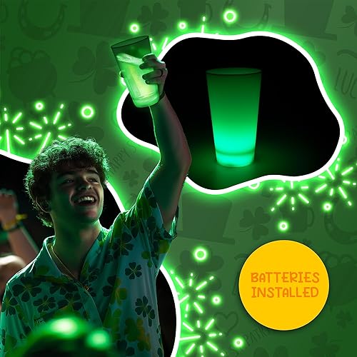 Miniatura 5 de Vaso de plástico con luz LED verde neón de 12 onzas, recuerdo de fiesta del día de San Patricio