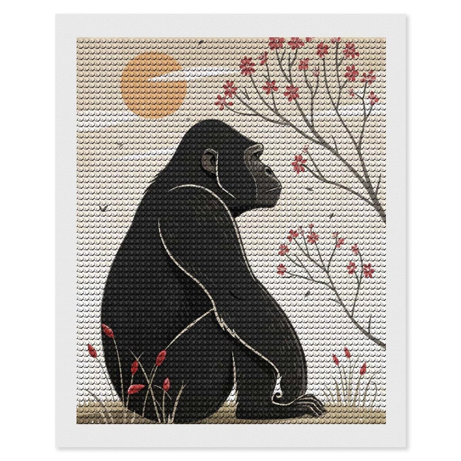 Junmoney Gorilla Sitting Under Cherry Blossoms Diamond Art Kit 16"x20", Neat Printed Canvas, Finish and Display, Relaxing DIY Hobby, Living Room Decor
