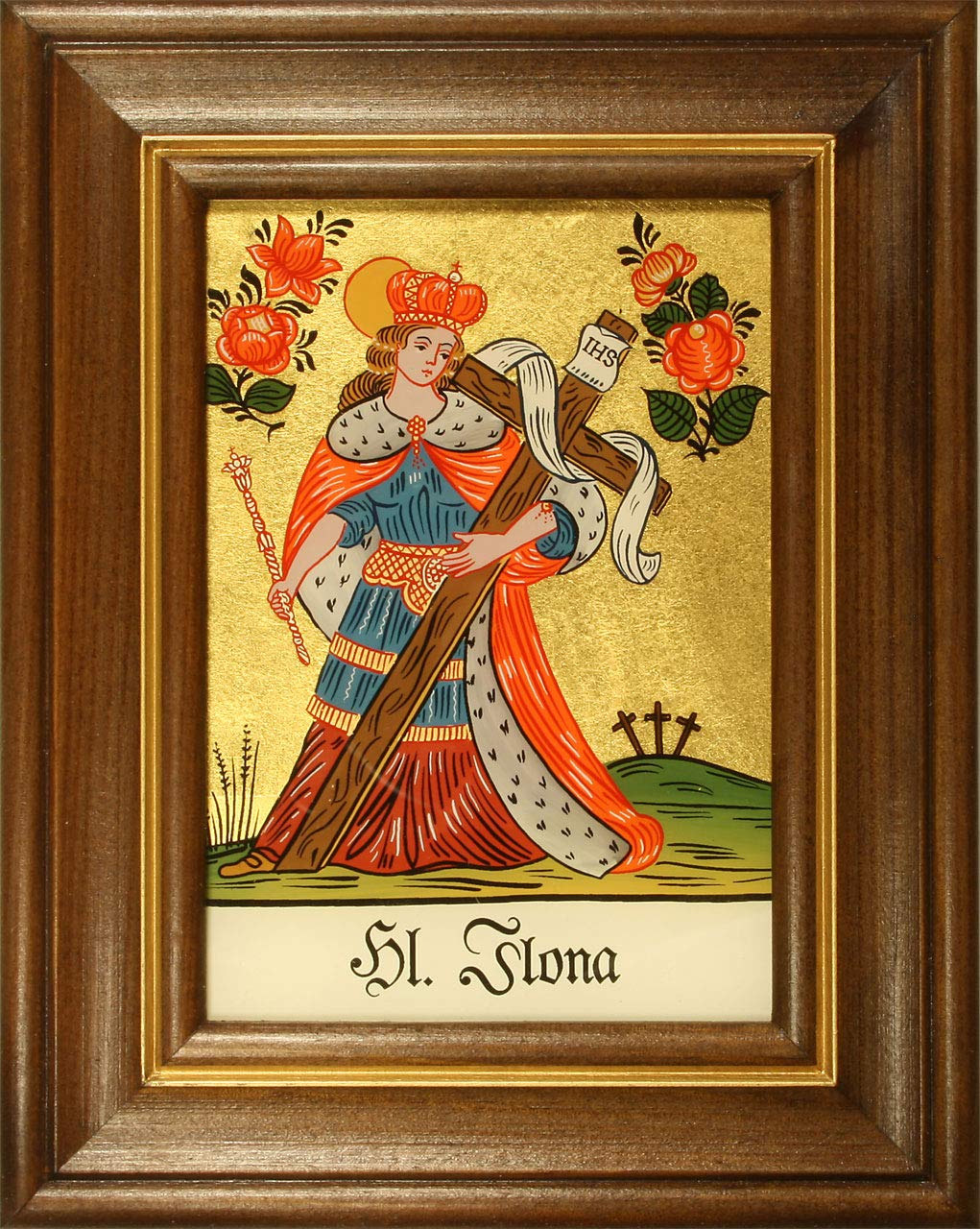 Hinterglasbild Hl. Lina – Handbemalt Mit Blattgold, Holzrahmen, Ca. 12,5 X 16 Cm